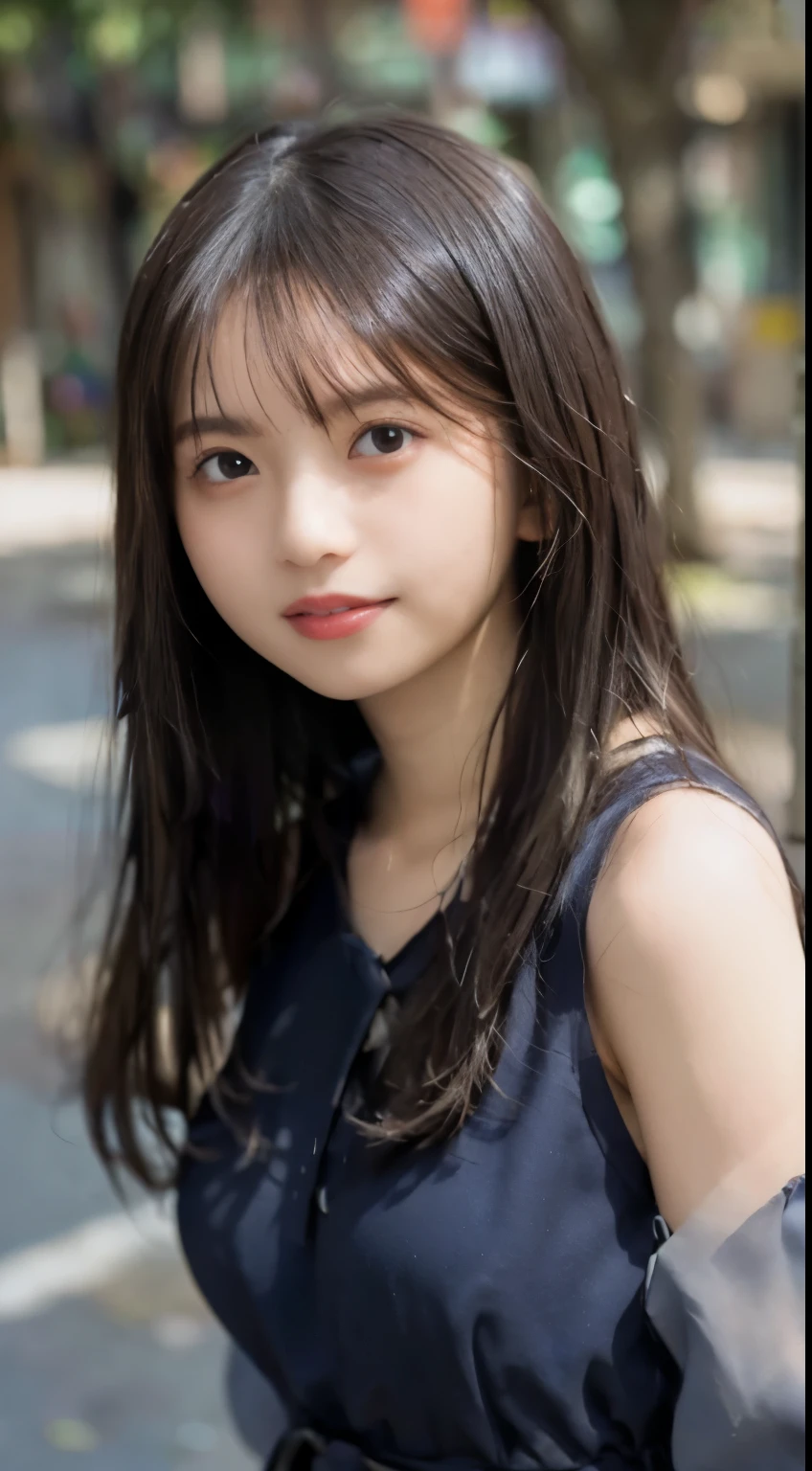 table top, highest quality, figure, super detailed, finely, High resolution, 8k wallpaper, 完璧なダイナミックな構figure, detailed and beautiful eyes, dress,medium hair, big breasts, natural color lip, random sexy poses,smile,Aoyama Street Walk、16 year old girl