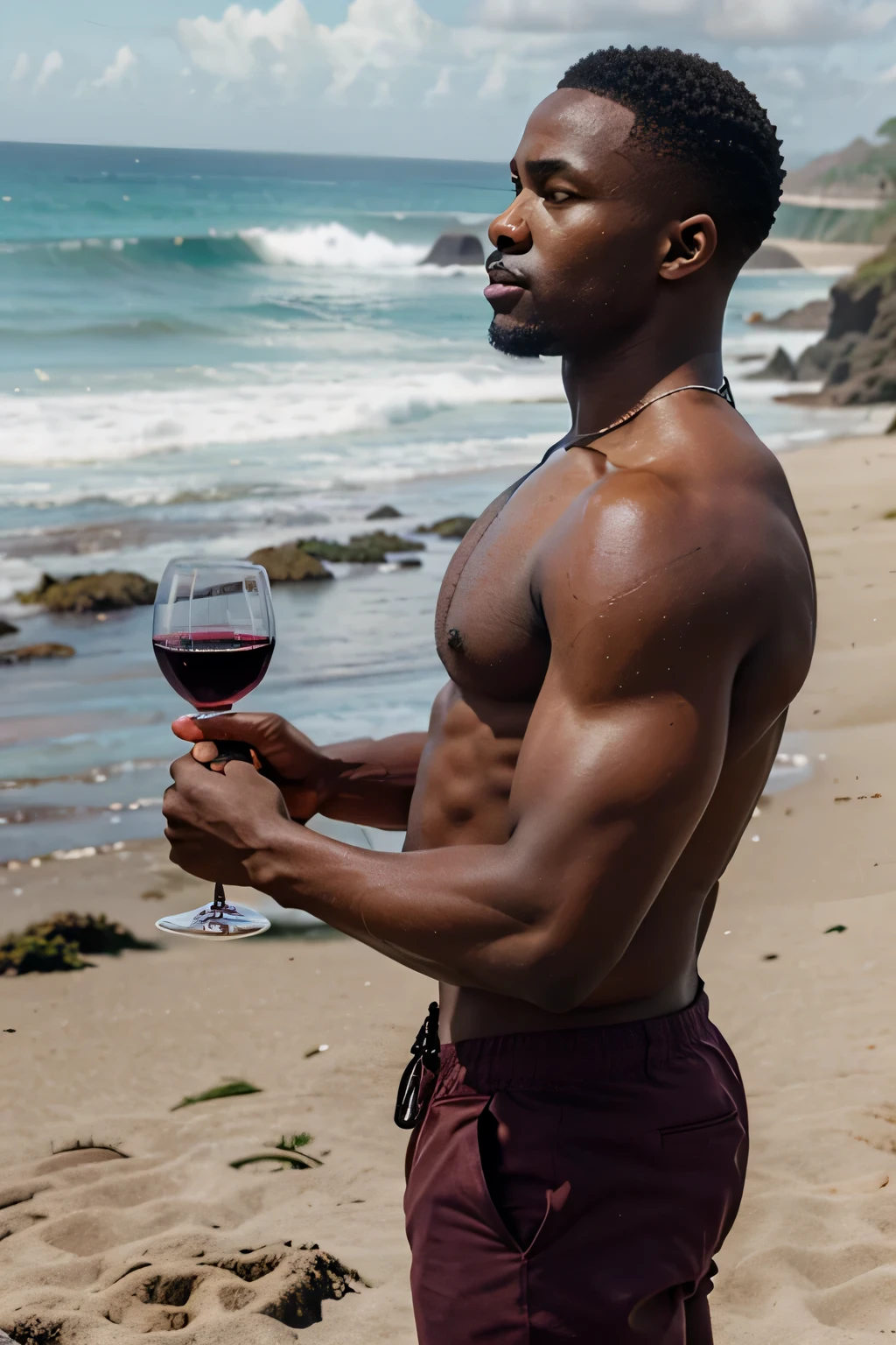an African shirtless masculine man with six parks holding a glass of red wine standing at the shore of the ocean wearing a short with hair shaved box
