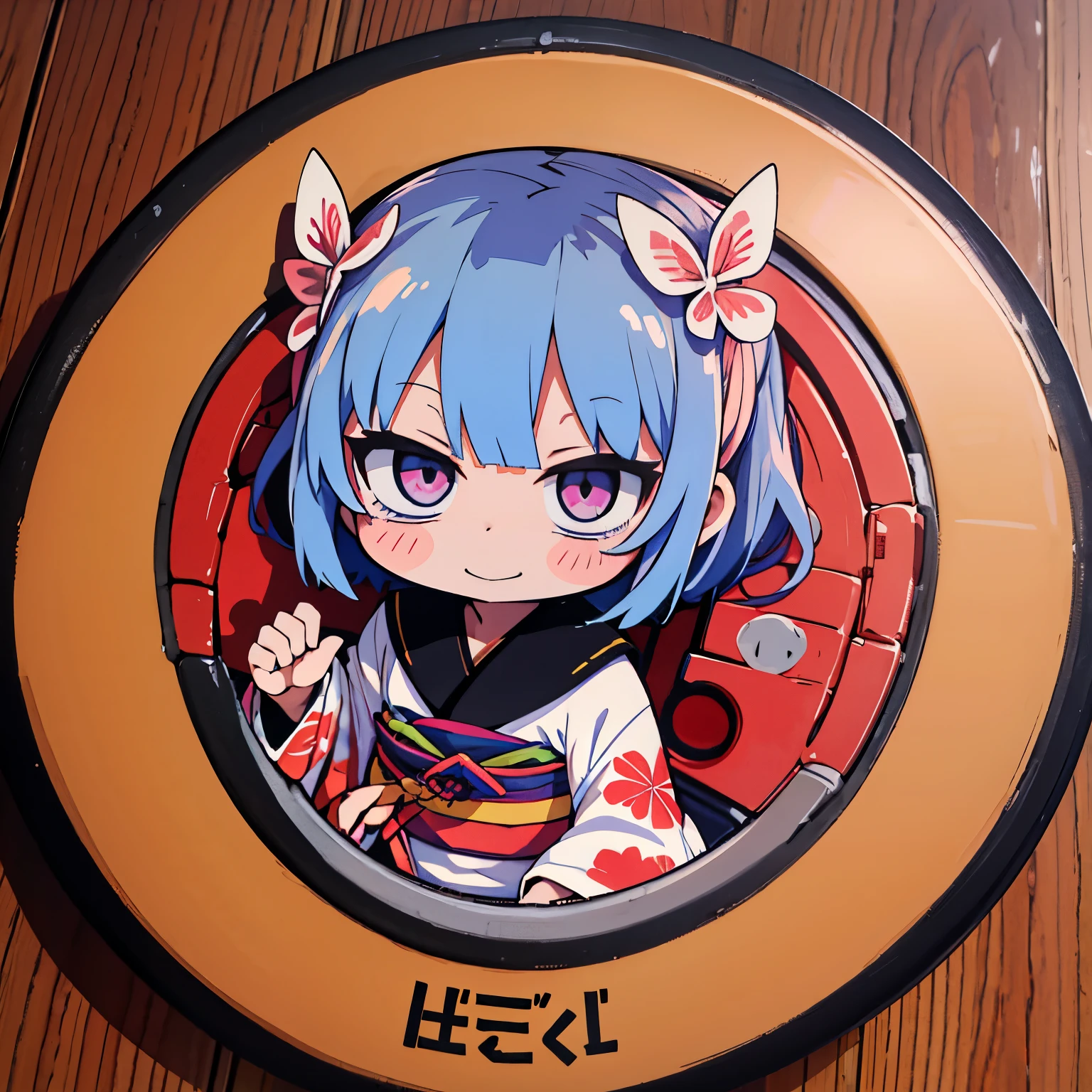 Anime characters in Japan（chibi girl、smile、kimono、butterfly hair ornament）There is a manhole cover with a、colorful