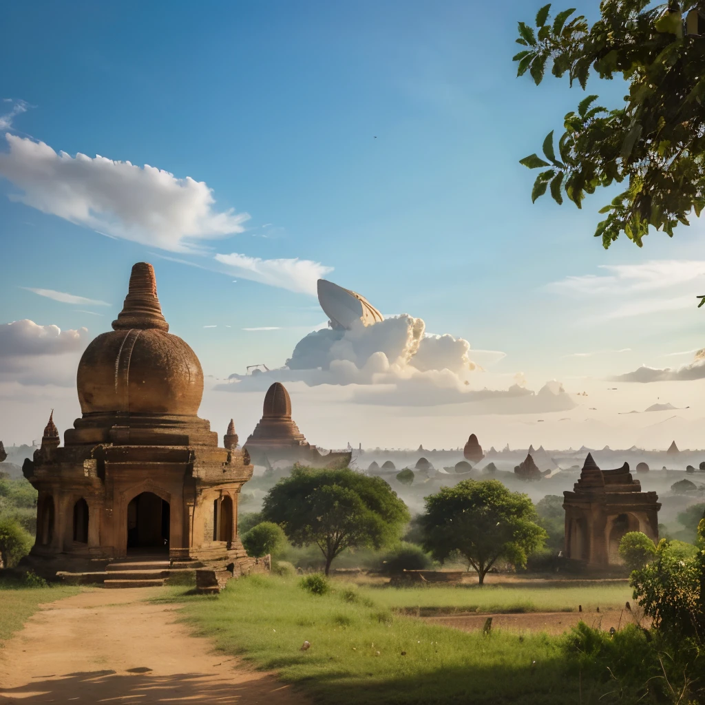 OUTDOORS, SCENERY, TRADITIONAL MEDIA, SKY, DAY, PHOTO BACKGROUND, REAL WORLD LOCATION, ARCHITECTURE, NATURE, RUINS LANDSCAPE, BAGAN ANCIENT PAGODA BACKGROUND