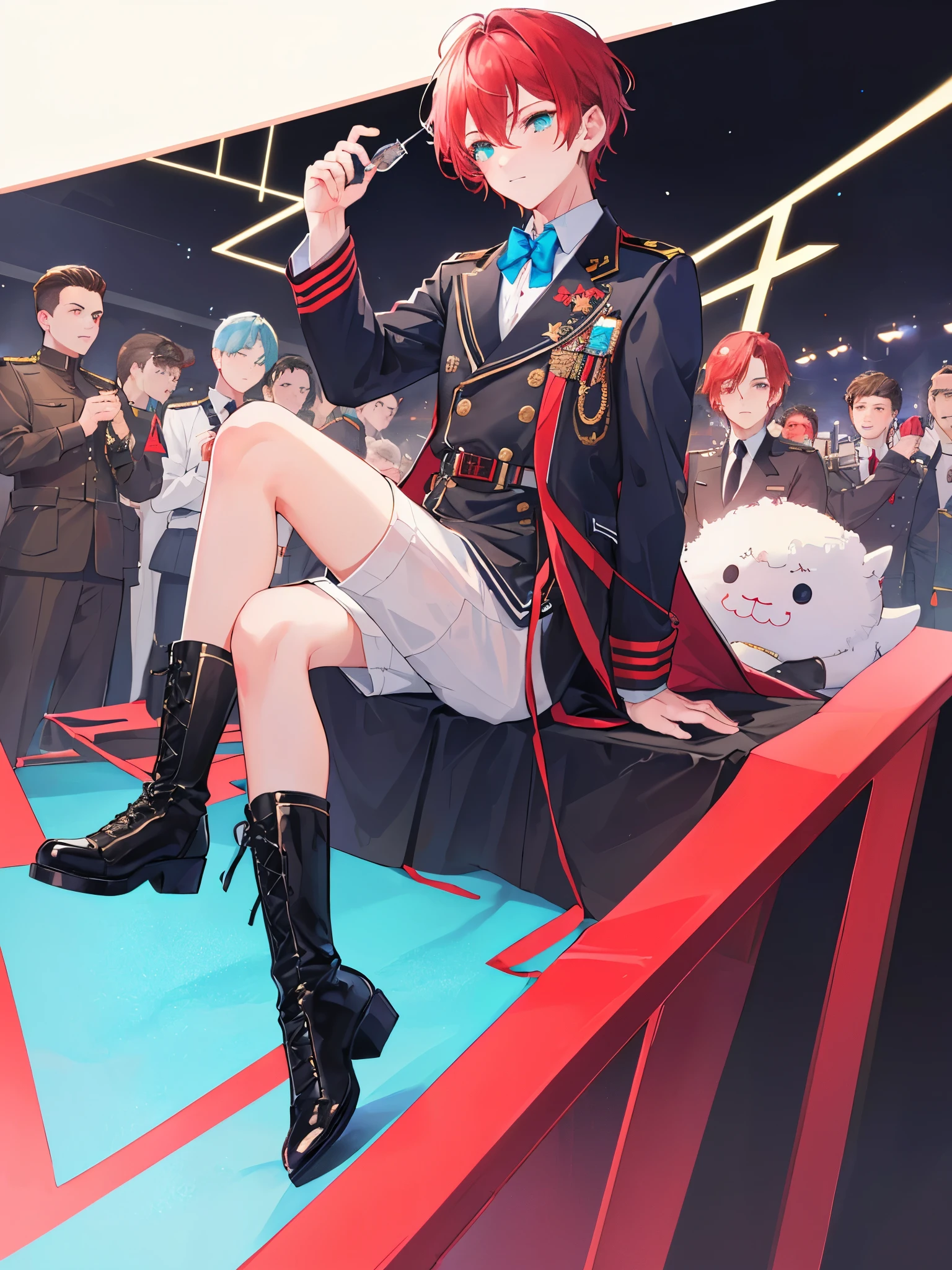 ((a boy)), winered hair, cyan eyes, ((idol costume)), ((boys' school uniforms)), long boots, ((beautiful boy)), ((individual)), ((military jacket))