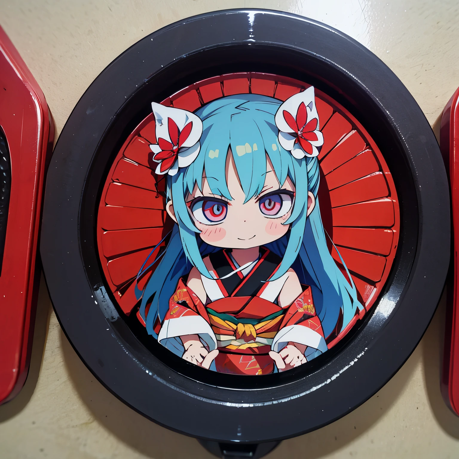 Anime characters in Japan(chibi girl、smile、kimono、butterfly hair ornament)There is a manhole cover with a、colorful