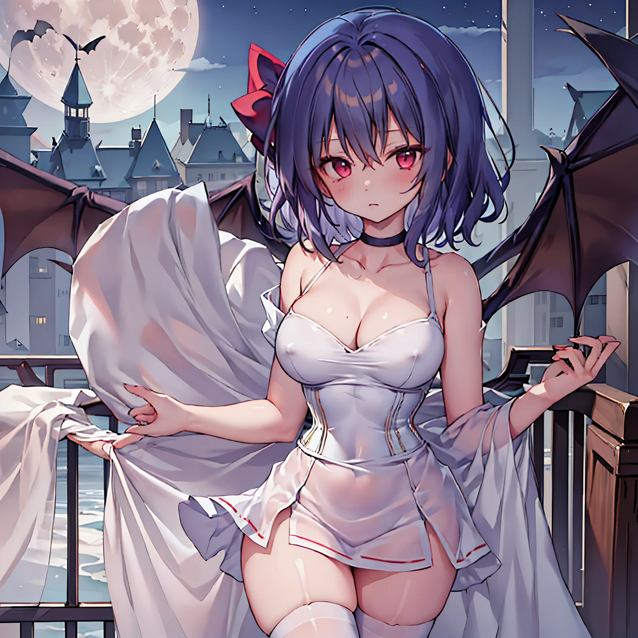 (Remilia toho character), (solo:1.2), (standing on the deck of mansion:1.1), a full moon, midnight, BREAK, short hair, collarbone, (emphasize very perky :1.1), (emphasize cleavage:1.2), (inconceivably thin narrow waist:1.3), (very short thin torso:1.2), very long (thin legs), emphasize thigh gap, BREAK, (very short sheer white dress), (inconceivably wiry narrow brown corset cinches waist too tight:1.5), frilled (too short white miniskirt), (light blue thighhighs), BREAK, nose blush