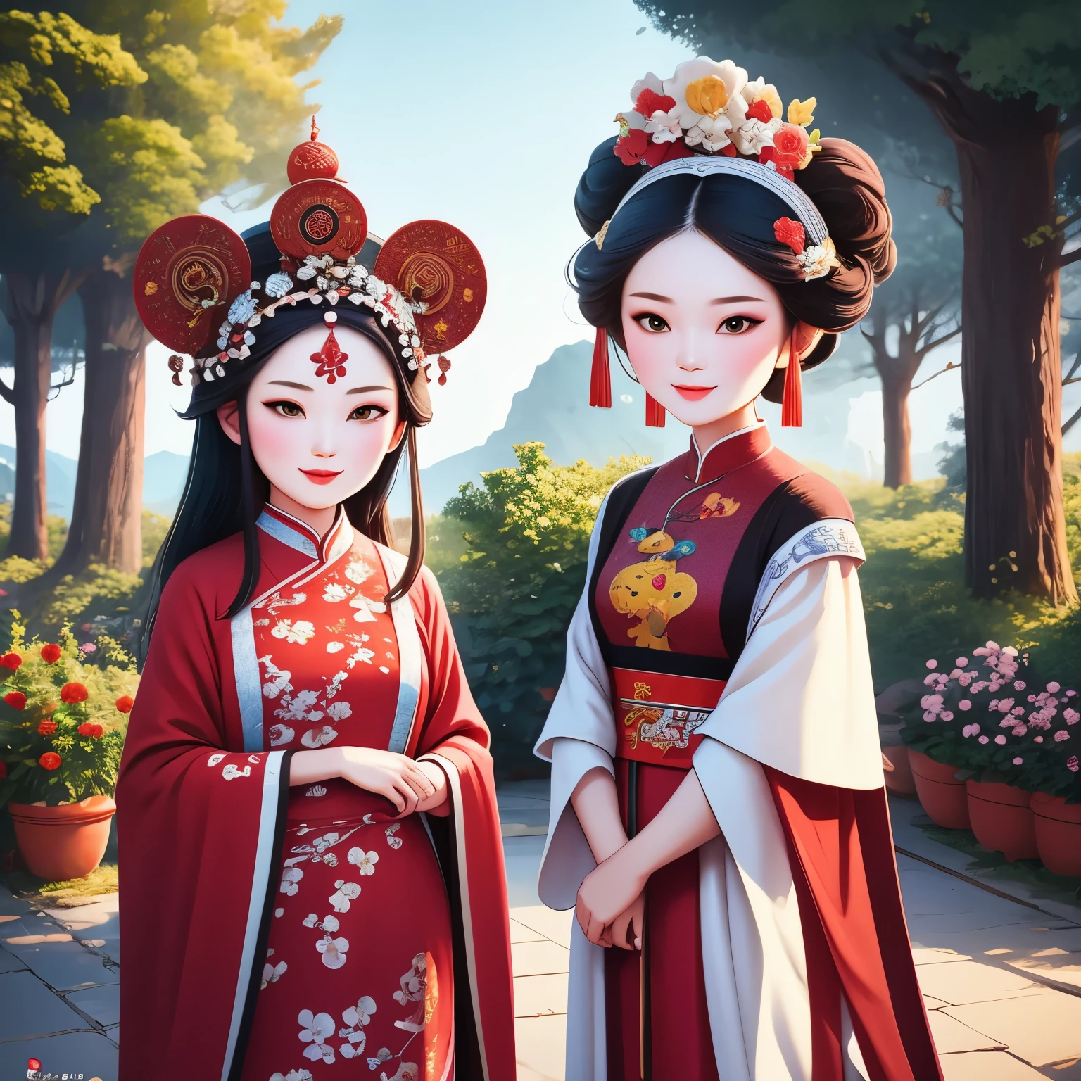 Cantonese Opera Cartoon Characters，in the garden（（（masterpiece）））， （（best quality））， （（intricate details））（8k）