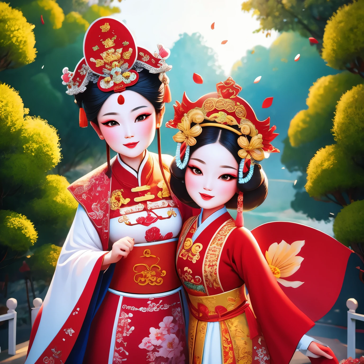 Cantonese Opera Cartoon Characters，in the garden（（（masterpiece）））， （（best quality））， （（intricate details））（8k）