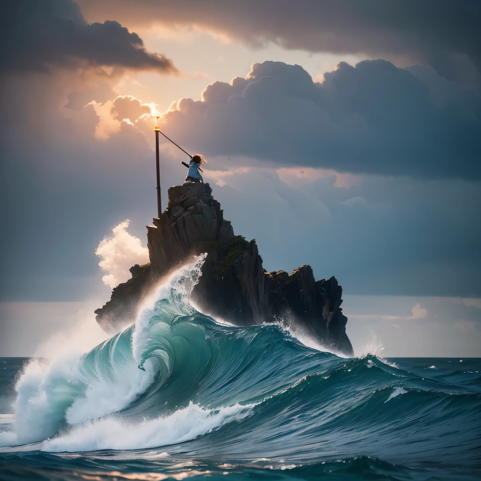 Create an inspiring visual depicting a resilient individual navigating a stormy sea filled with failures. Despite turbulent waters and setbacks represented by crashing waves and dark clouds, the central figure remains steadfast on a sturdy boat, holding a torch of determination. Surround the scene with symbolic elements of growth, such as resilient plants emerging from rocky islands, showcasing the message that even in the face of adversity, perseverance leads to personal development and success.