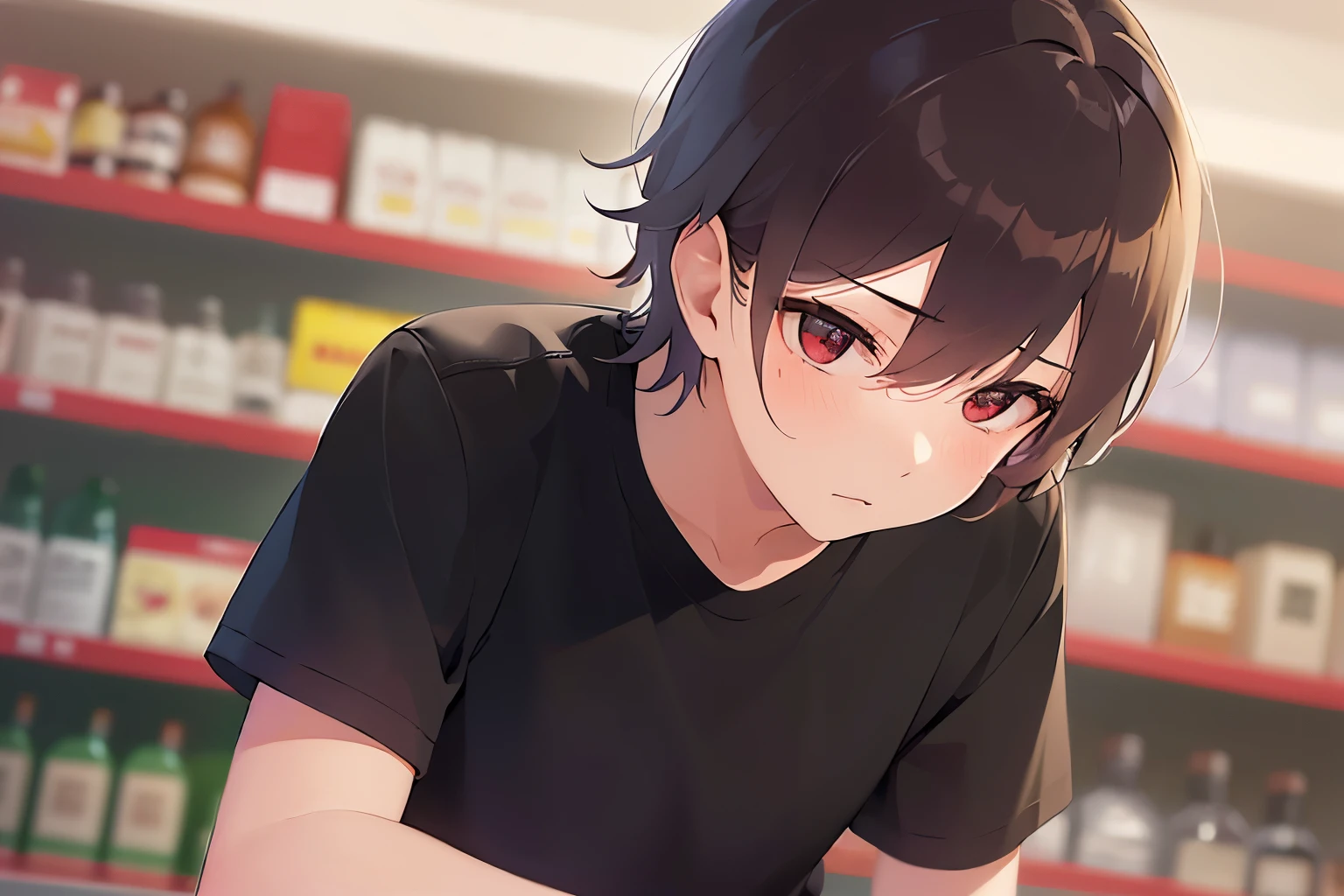 (looking away:1.5)、look down, Shooting from below、masterpiece、highest quality、(25 year old male:1.5) and (brown short hair) and (red eyes), Wearing a plain black T-shirt、(sad:1.5)、The background is a liquor store、(Alone:1.5)