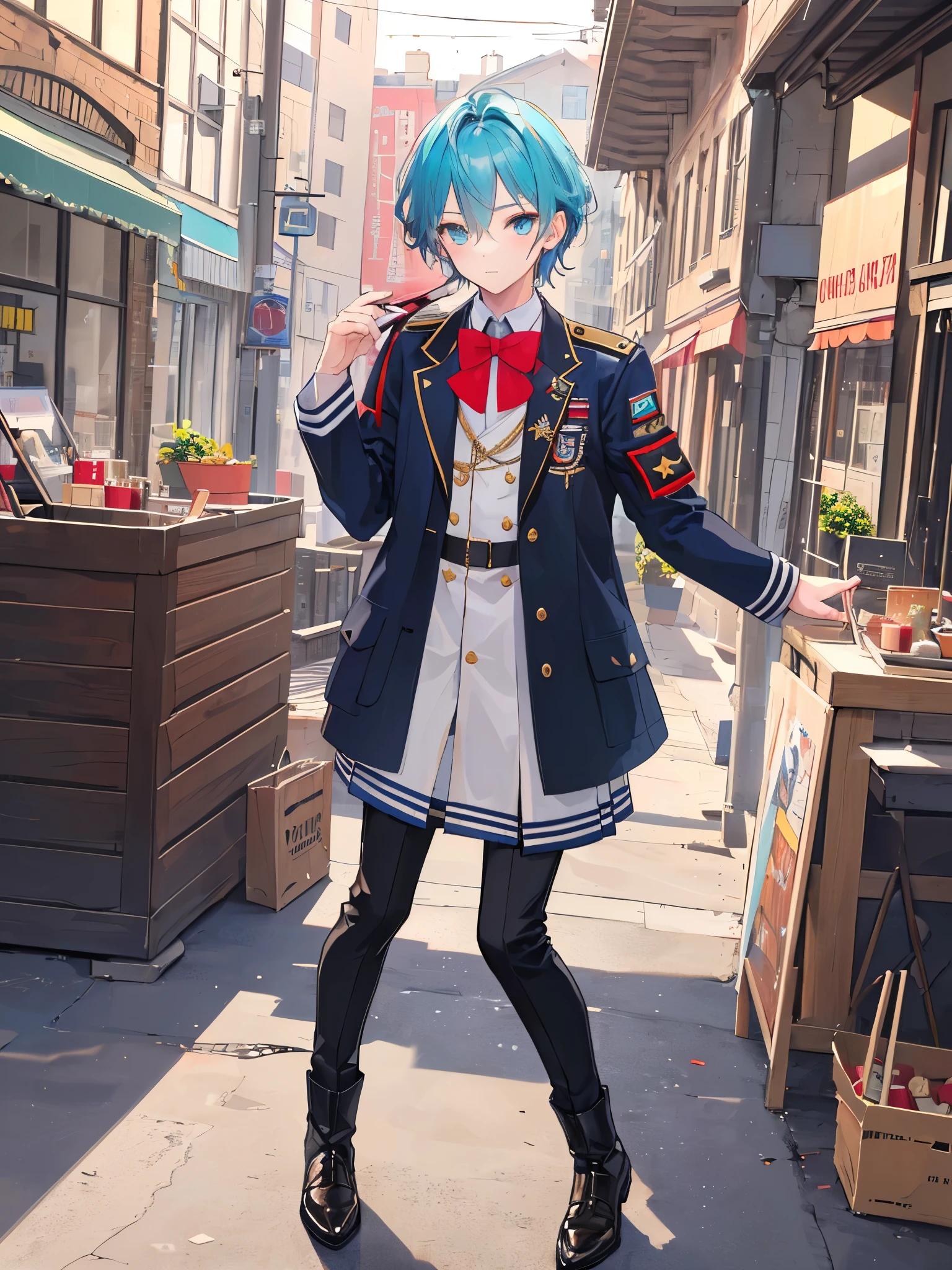 ((a boy)), wine color hair, cyan eyes, ((idol costume)), ((boys' school uniforms)), long boots, ((beautiful boy)), ((individual)), ((military jacket))