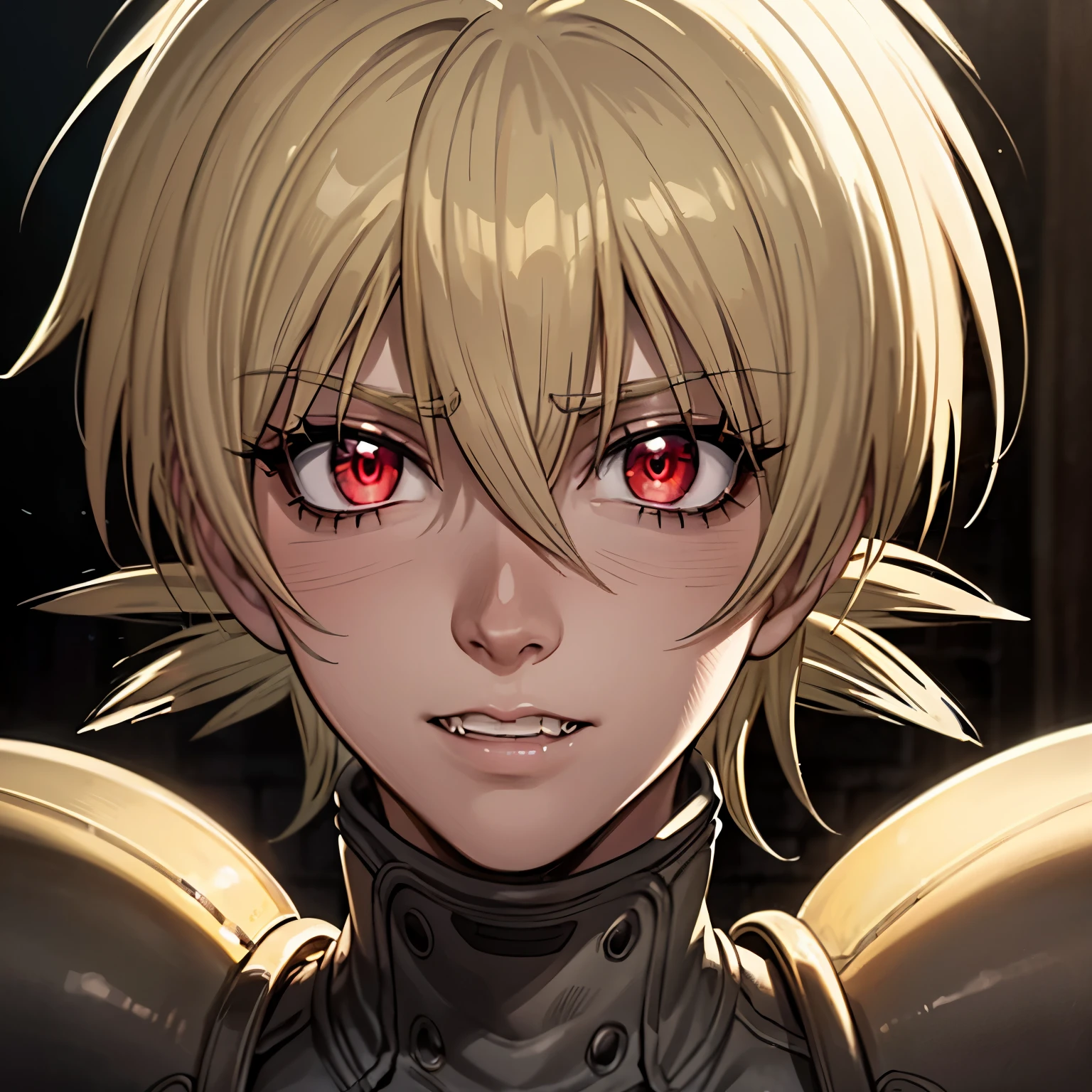 Seras Victoria,detailed face,vampire,handsome face,vampire fangs,red eyes,intense stare,smooth skin,pale complexion,flowing hair,perfectly arched eyebrows,sculpted cheekbones,masterpiece:1.2,ultra-detailed,photorealistic,vivid colors,dark and moody lighting"