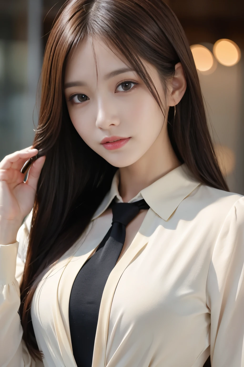 ulzzang-6500-v1.1,(8K, Best Quality, Masterpiece: 1.2),table top, highest quality, realistic, super detailed, finely, High resolution, 8k wallpaper, 1 beautiful woman,, light brown messy hair, wearing a business suit, sharp focus, perfect dynamic composition, detailed and beautiful eyes, fine hair, Detailed and realistic skin texture, smile, close-up portrait, model body shape