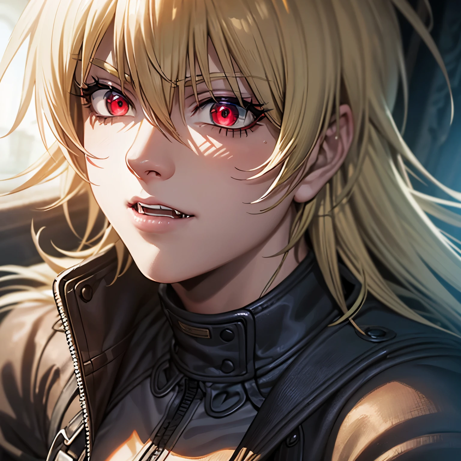 Seras Victoria,detailed face,vampire,handsome face,vampire fangs,red eyes,intense stare,smooth skin,pale complexion,flowing hair,perfectly arched eyebrows,sculpted cheekbones,masterpiece:1.2,ultra-detailed,photorealistic,vivid colors,dark and moody lighting"