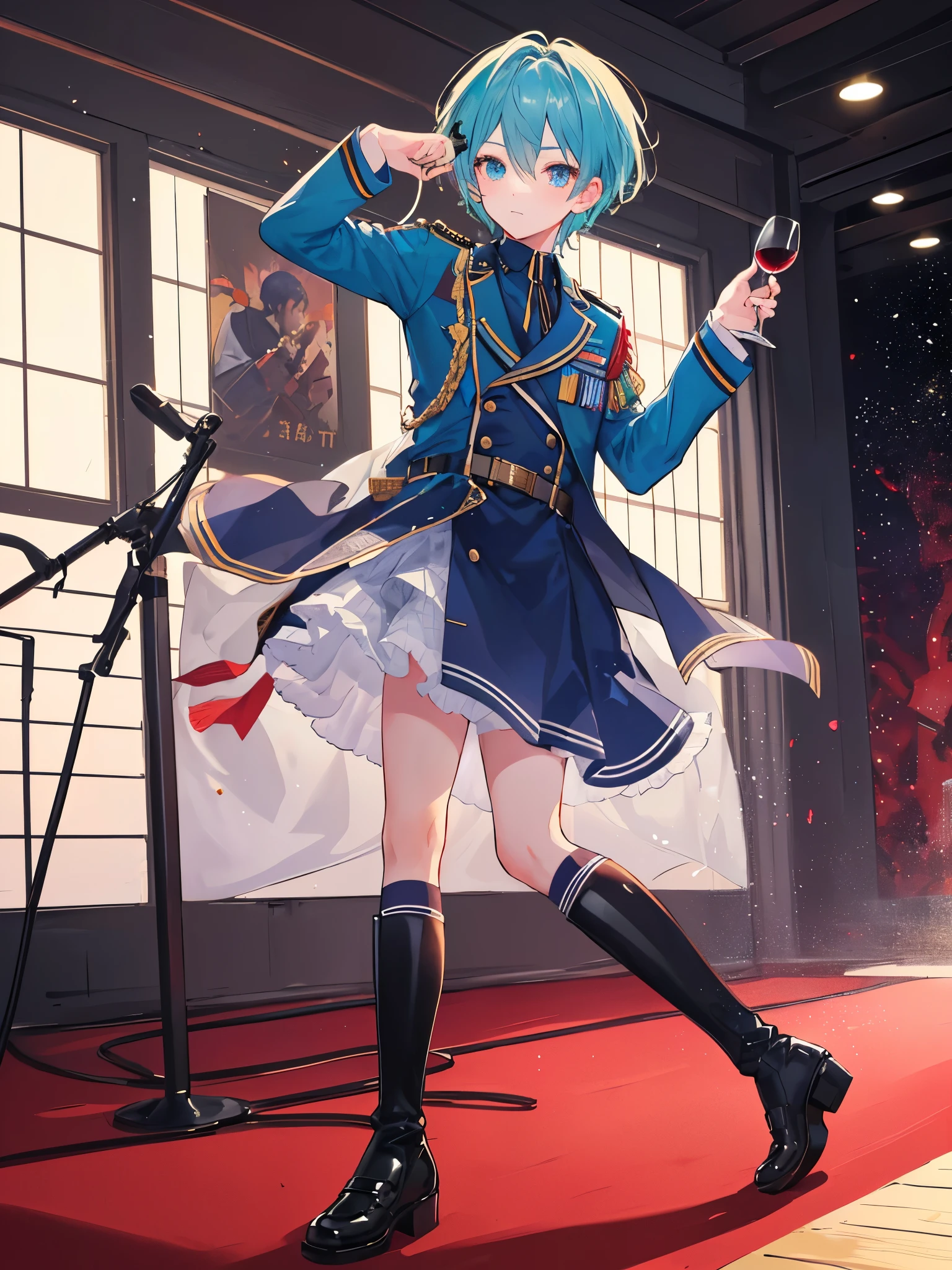 ((a boy)), wine hair, cyan eyes, ((idol costume)), ((boys' school uniforms)), long boots, ((beautiful boy)), ((individual)), ((military jacket))