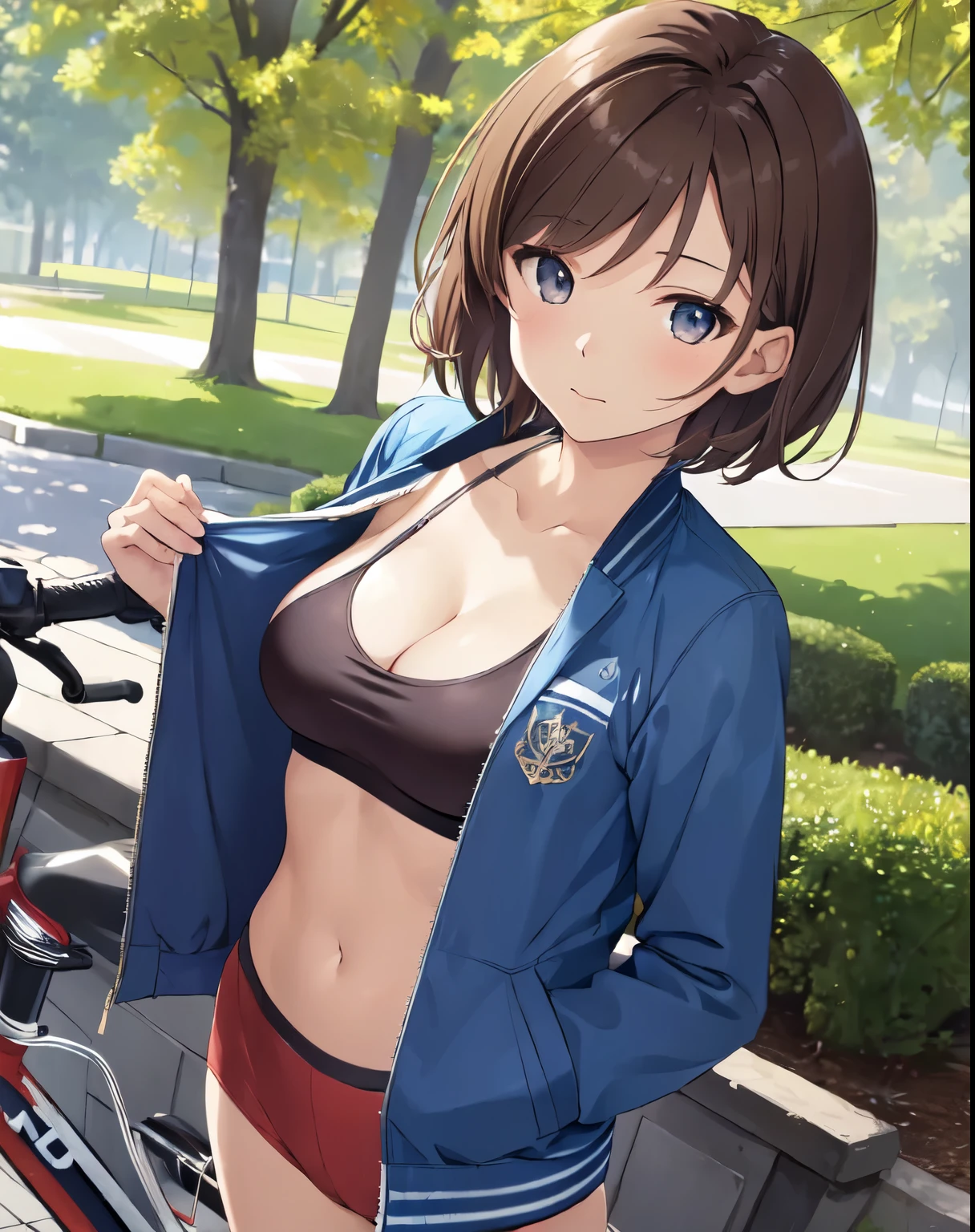 (((masterpiece))), ShizukaMikazuki, 1girl, solo, looking at viewer, short hair, brown hair, long sleeves, cleavage, medium breasts, closed mouth, collarbone, jacket, open clothes, open jacket, blue jacket, ground vehicle, sports bra, bicycle,