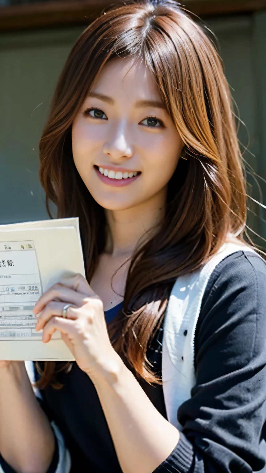 A very popular and beautiful young news program host,Bunches long hair back,Wearing a shirt and cardigan, read out a paper manuscript held in both hands.,(((Read the manuscript with your chin tilted and a smile on your face))),Bust close-up shot from the front,best image quality,professional angle of view,outstanding detail,Super high resolution,realistic:1.4),high detail,focus on details,1girl concentrated in high concentration,beautiful chestnut hair,Beautiful face with a delicate and high nose,Kneeling is cute,