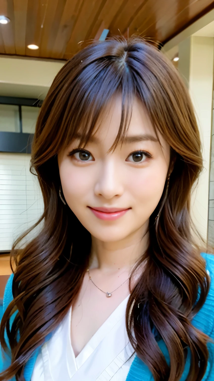 A very popular and beautiful young news program host,Bunches long hair back,Wearing a shirt and cardigan, read out a paper manuscript held in both hands.,(((Read the manuscript with your chin tilted and a smile on your face))),Bust close-up shot from the front,best image quality,professional angle of view,outstanding detail,Super high resolution,realistic:1.4),high detail,focus on details,1girl concentrated in high concentration,beautiful chestnut hair,Beautiful face with a delicate and high nose,Kneeling is cute,
