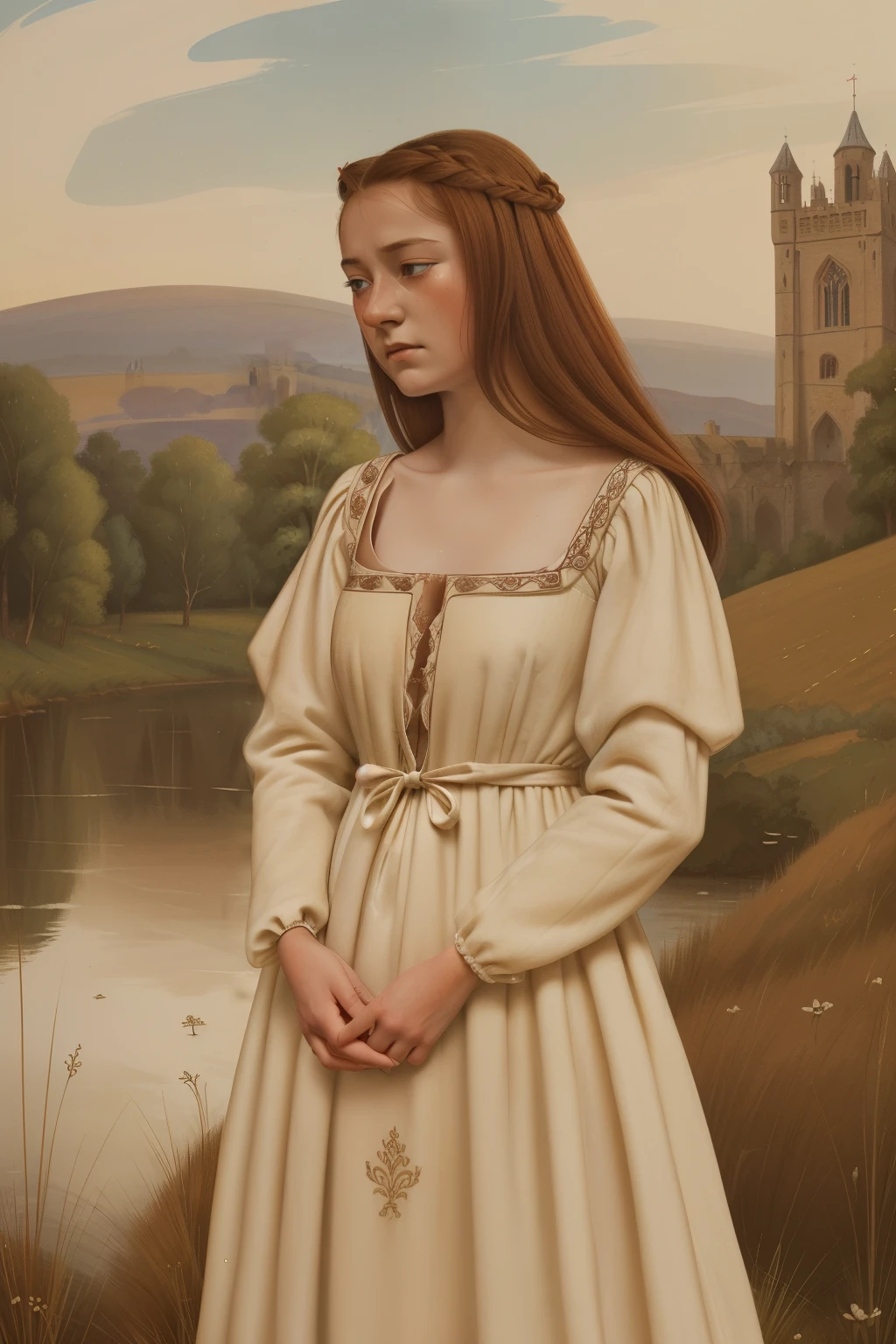 England, 1337. A young ((((20-year-old)) Caris Wooler)), attractive, expressive eyes, standing next to the river, ((impotence expression, horror, fear, crying)). ((((clothings from the 1300s, gown)))), ((light chestnut hairstyle of the 1300s))