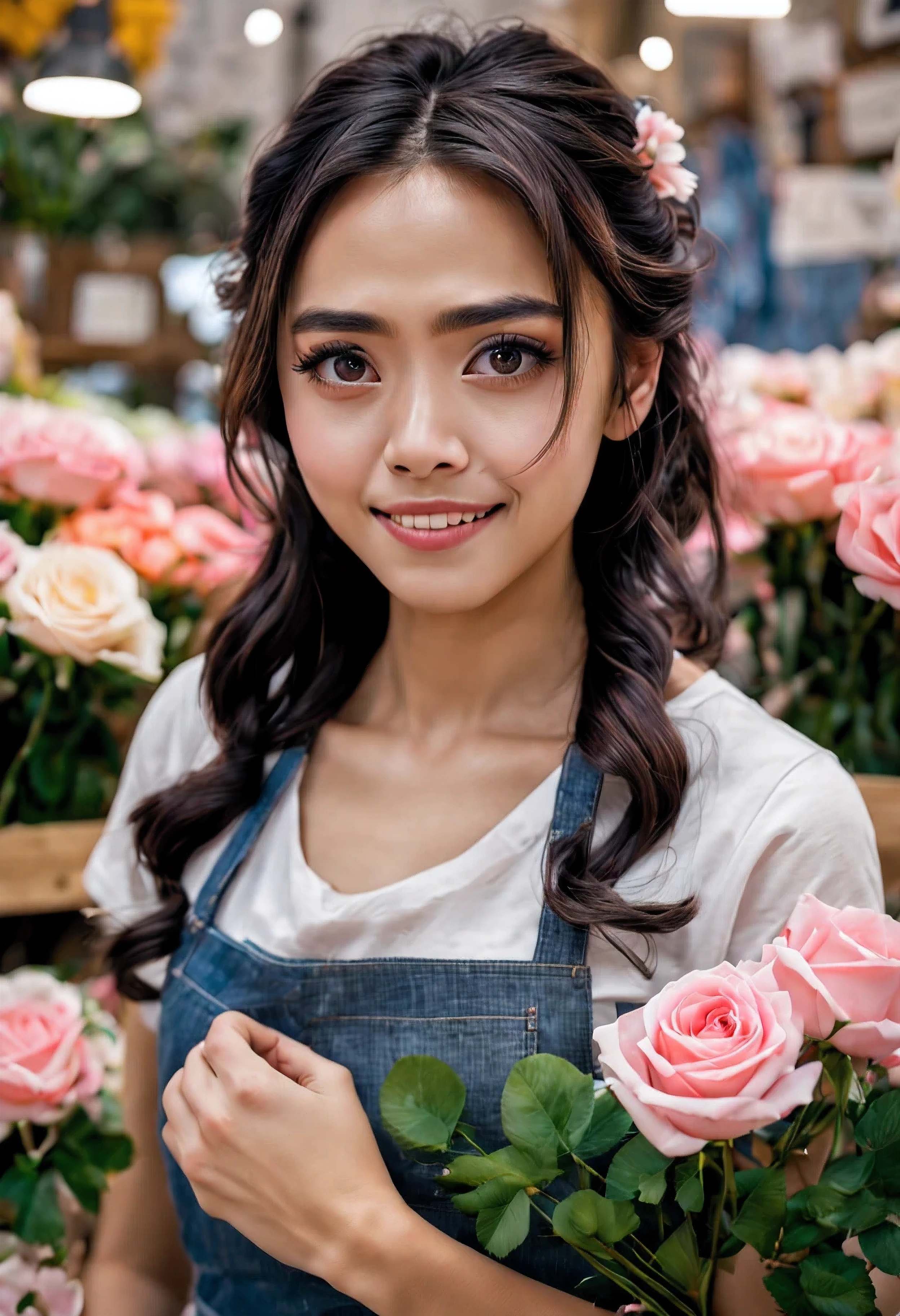 (photography master, the art of mathematics, digital illustration, 4k, 8k, super detailed, super wide angle, depth of field, flower shop背景, nice picture, super clear image, lifelike, original photo, perfect face, perfect lines, perfect eyes, soft light) 1 Chinese female, malaysian beauty, (black hair,flowing long hair,Long curly hair,Naturally messy hair,Bronzed skin,hairpin,Serious and mature look,drooping eyebrows,tearful eyes,round face,Innocence,cute little,big eyes,natural makeup,smile friendly,huge ,short,28 is a novel:1.3),1 man wearing glasses, (human nature,Man wearing casual T-shirt,Loose crew neck,muscular,Shoulders broad and firm,adult male,horn cutting,denim,apron,A man in his 30s,Blurred expressions:1.2),flower shop,flower shop店面,shopkeepers and clerks,Job Listings,Ribbons of different colors,Different types of flowers,Many flowers,店内Many flowers,(nervous,Shy,Sleepy,Embarrassment comes from:1.1),open your thin mouth,standing pictures,flower arrangement,An innocent smile,looking at camera,Dating,(Pink rose bouquet,flower arrangement:1.1),white lace shirt,Delivering,Lots of ribbons,wrapping paper