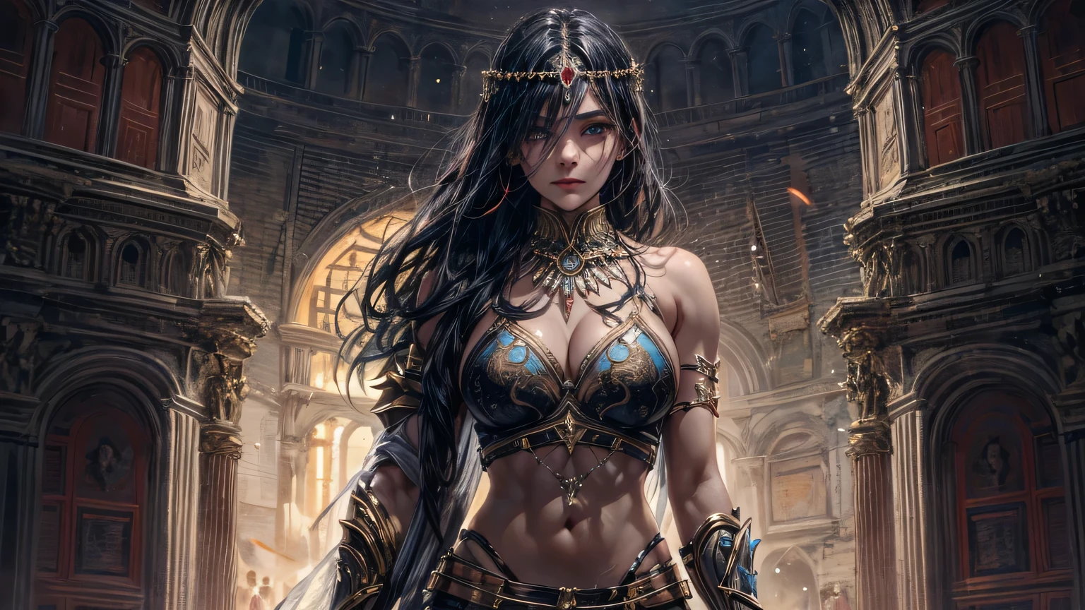 4K, realistic, in great detail, dark night, ((very delicate eyes)) be blind, solemnity, woe, tear, She is standing in the coliseum stadium, she is a gladiator warrior, piercer, super big, big bust, He holds two delicate-looking daggers in both hands..., Two hands holding a dagger in front of me, soft clothes, long hair, wearing a bikini, Wear thin armor from the Middle Ages, 25 years old, whole body