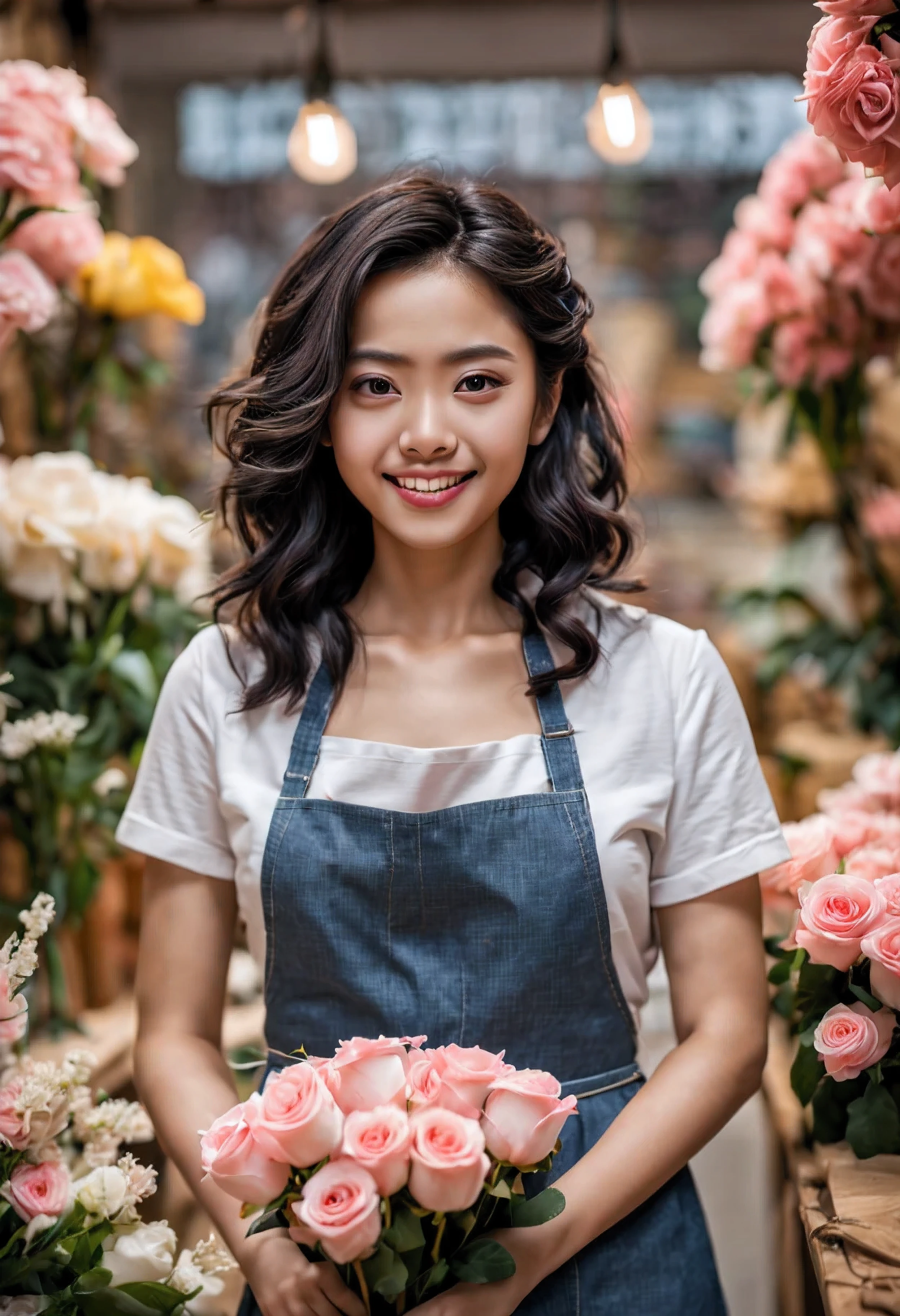 (photography master, the art of mathematics, digital illustration, 4k, 8k, super detailed, super wide angle, depth of field, flower shop背景, nice picture, super clear image, lifelike, original photo, perfect face, perfect lines, perfect eyes, soft light) 1 Chinese female, malaysian beauty, (black hair,flowing long hair,Long curly hair,Naturally messy hair,Bronzed skin,hairpin,Serious and mature look,drooping eyebrows,tearful eyes,round face,Innocence,cute little,big eyes,natural makeup,smile friendly,huge ,short,28 is a novel:1.3),1 man wearing glasses, (human nature,Man wearing casual T-shirt,Loose crew neck,muscular,Shoulders broad and firm,adult male,horn cutting,denim,apron,A man in his 30s，Blurred expressions:1.2),flower shop,flower shop店面,shopkeepers and clerks,Job Listings,Ribbons of different colors,Different types of flowers,Many flowers,店内Many flowers,(nervous,Shy,Sleepy,Embarrassment comes from:1.1),open your thin mouth,standing pictures,flower arrangement,An innocent smile,looking at camera,Dating,(Pink rose bouquet,flower arrangement:1.1),white lace shirt,Delivering,Lots of ribbons,wrapping paper