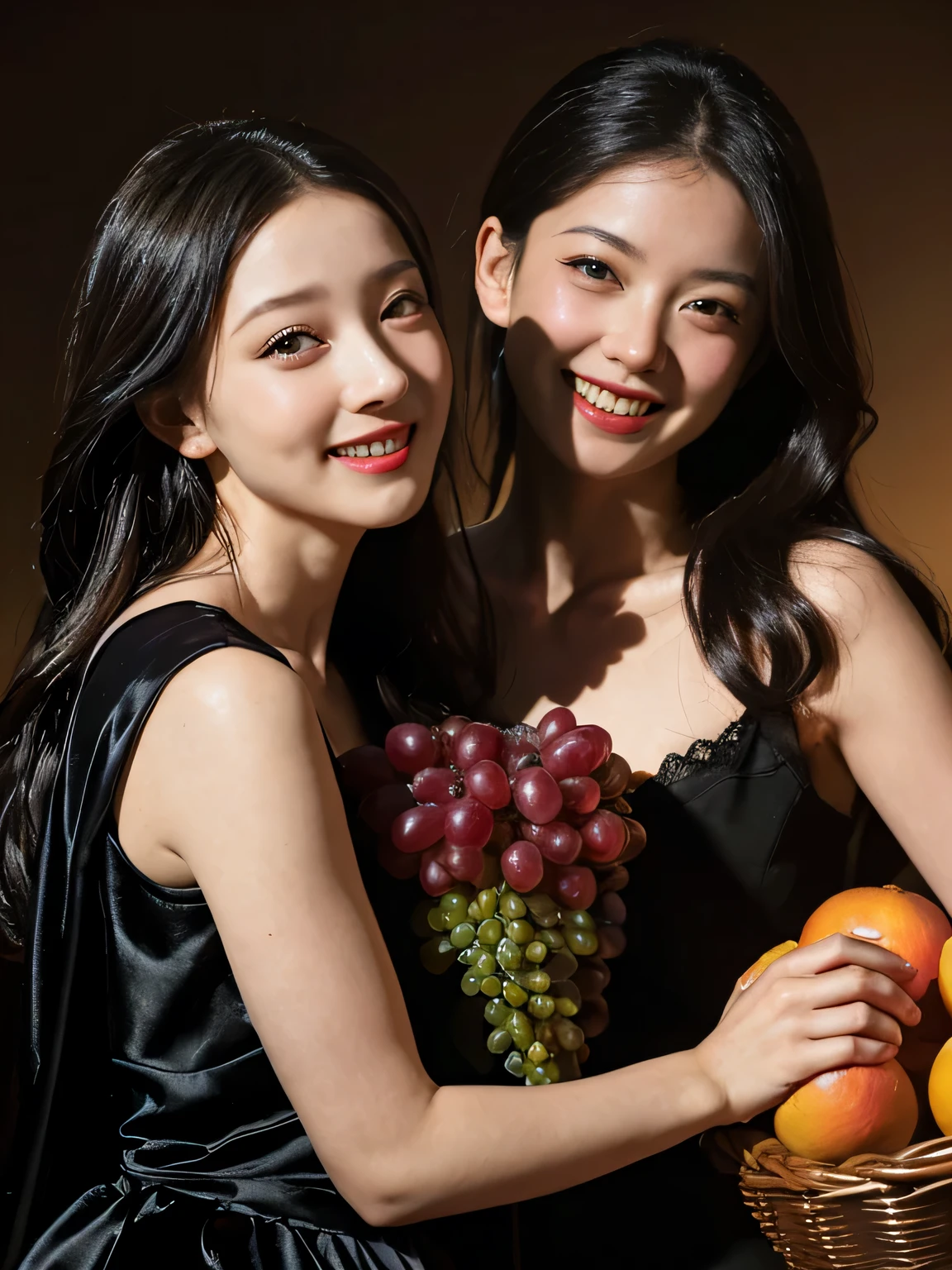 fruits,Grapes,Rosa,antique,A smile,,Sweet and seductive appearance.、Caravaggio's paintings、Chiaroscuro of Caravaggio,Two women frolicking,Cute smile, Expression of ecstasy