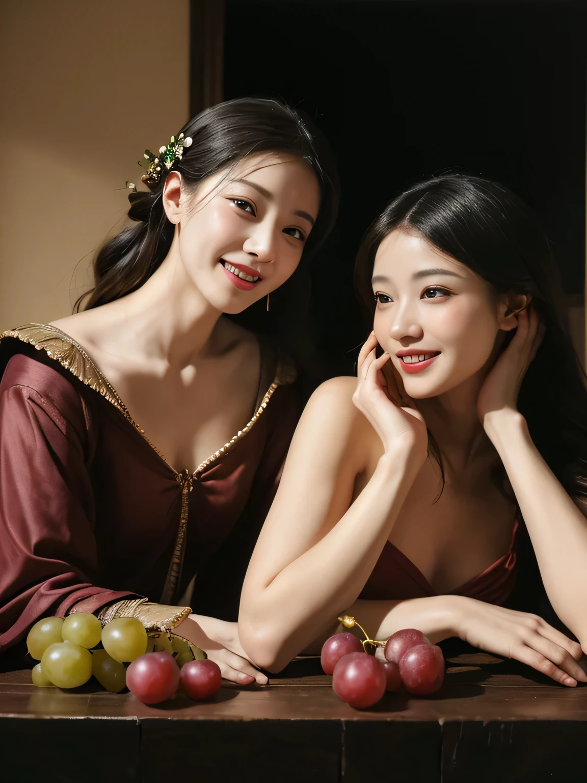 fruits,Grapes,Rosa,antique,A smile,,Sweet and seductive appearance.、Caravaggio's paintings、Chiaroscuro of Caravaggio,Two women frolicking,Cute smile, Expression of ecstasy