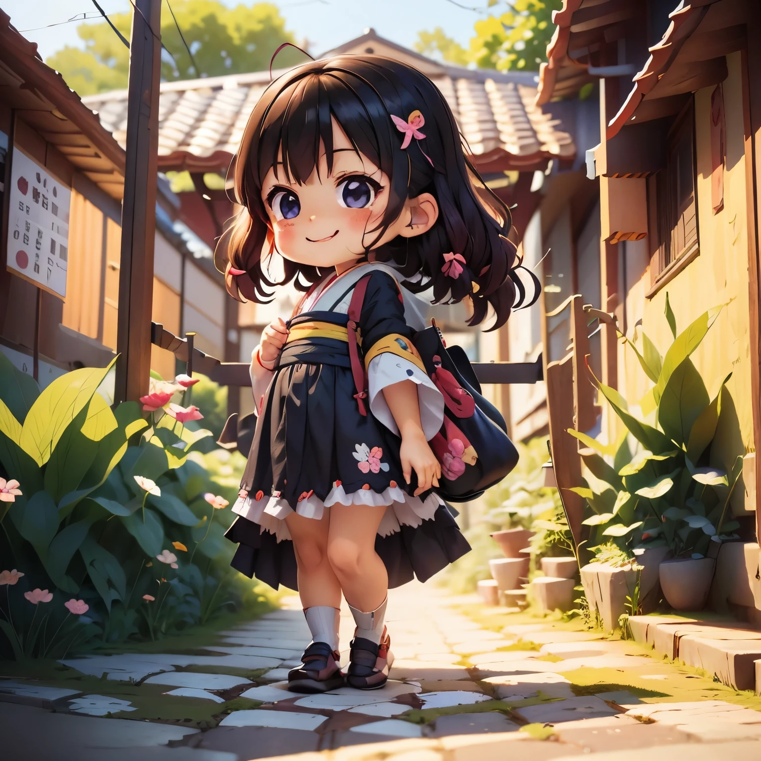 Anime characters in Japan(chibi girl、smile、kimono、butterfly hair ornament)There is a manhole cover with a、colorful