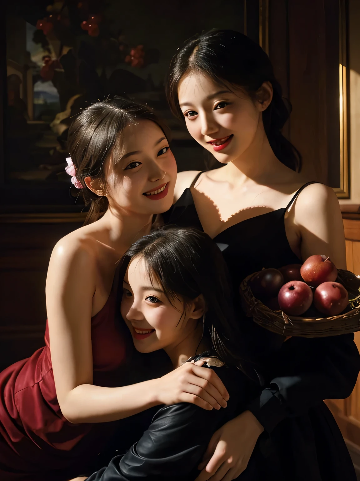 ruits,Grapes,Rosa,antique,A smile,,Sweet and seductive appearance.、Caravaggio's paintings、Chiaroscuro of Caravaggio,Two women frolicking,Cute smile, Expression of ecstasy