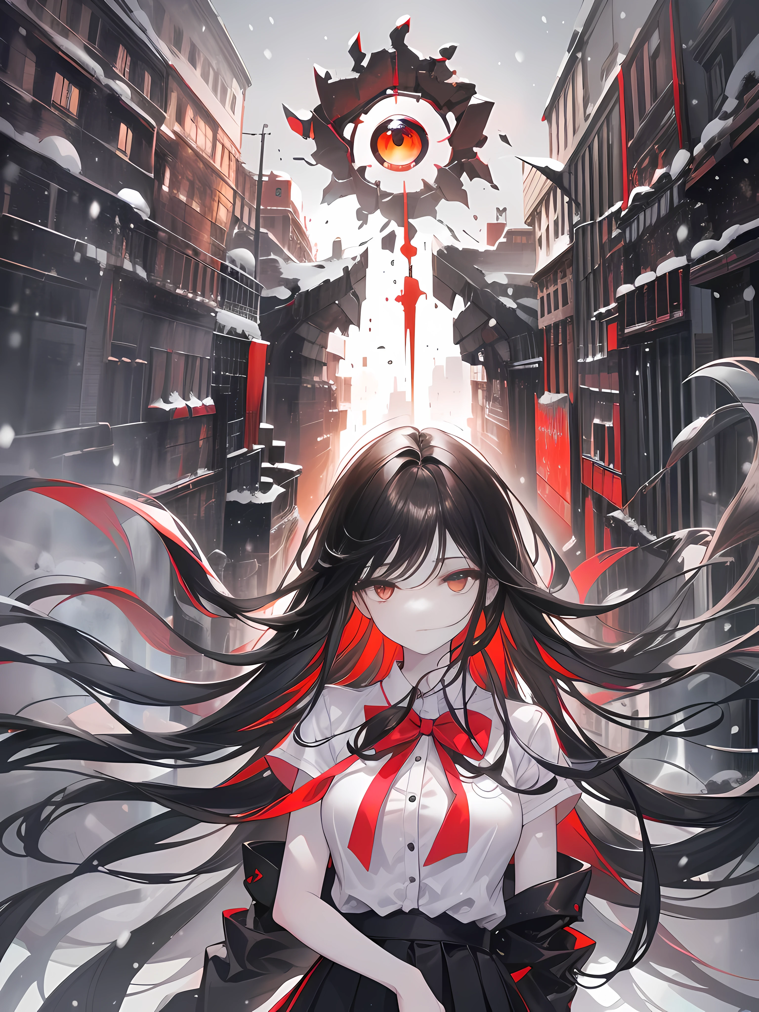 (Obra maestra, La mejor calidad, ultrahigh resolution), 1girl, standing, school uniform, white office shirt, black pleated skirt, (((black hair, dark black hair))), (long hair), pale skin, ((brown eyes)), glowing_eyes, neon eyes, (ultra detailed eyes:0.7, beautiful and detailed face, detailed eyes:0.9), ((centered)), smile, facing viewer, eye level, ((vibrant background, snowy landscape, cityscape, snowing, snow)), flat chested, looking at viewer, ((half closed eyes)), ((perfect hands)), (((head:1, arms, hips, elbows, in view))), ((hands behind back)), empty eyes, beautiful lighting, outside, outdoors, background, defined subject, 25 years old, (head tilt). 
