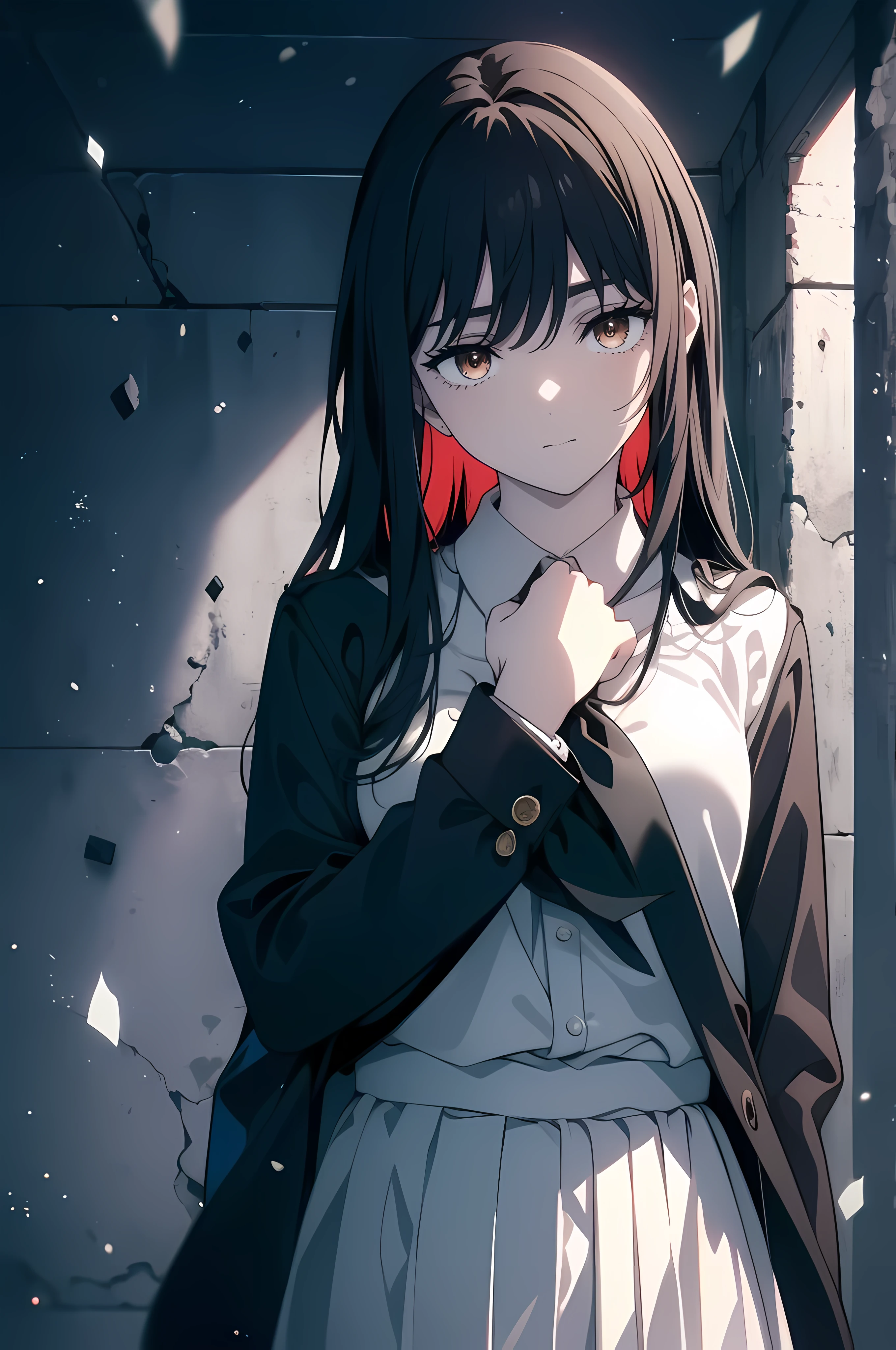 (Obra maestra, La mejor calidad, ultrahigh resolution), 1girl, standing, school uniform, white office shirt, black pleated skirt, (((black hair, dark black hair))), (long hair), pale skin, ((brown eyes)), glowing_eyes, neon eyes, (ultra detailed eyes:0.7, beautiful and detailed face, detailed eyes:0.9), ((centered)), smile, facing viewer, eye level, ((vibrant background, snowy landscape, cityscape, snowing, snow)), flat chested, looking at viewer, ((half closed eyes)), ((perfect hands)), (((head:1, arms, hips, elbows, in view))), ((hands behind back)), empty eyes, beautiful lighting, outside, outdoors, background, defined subject, 25 years old, (head tilt)