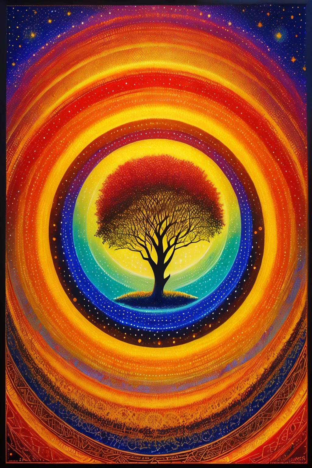 (Masterpiece, BestQuality:1.3),abstract pointillist representation, a myriad of circles and dots in varying sizes, a shamanic wisent, background ablaze with fiery sunset hues transitioning to soothing nature tones, tranquil golden reflection, African Animals,Gateway to the universe, endless sky and sunsets, countless stars in the galaxy