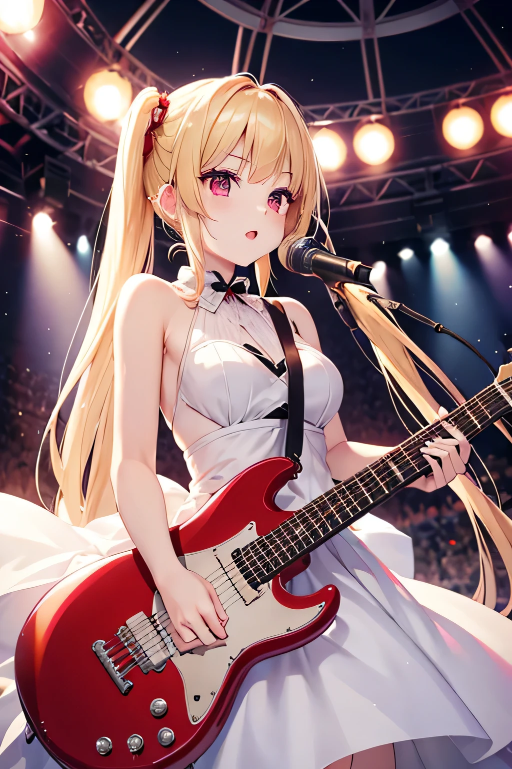 Beautiful blonde woman with red eyes and long pigtails、Singing like a punk while playing an electric guitar on a large dome stage、pure white prom dress、anime style、delicate touch、flashily