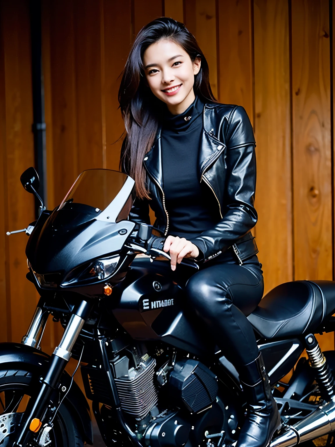 ((best quality)), ((masterpiece)), ((perfect face))、（detailed full cowl motorcycle）、Detailed and clear photos、((bike girls))、((slender body))、((Long sleeve riding jacket and leather pants))、smile、((posing next to a motorcycle))、(Racing Boots)
