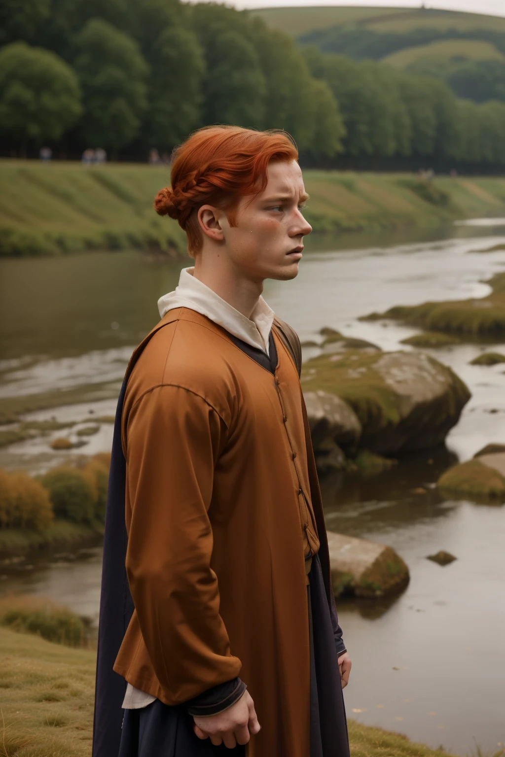 England, 1337. A young ((((21-year-old)) Merthin Fitzgerald)), handsome, athletic, standing next to the river, ((despair expression, fear, crying)). ((((clothings from the 1300s)))), ((redhead hairstyle of the 1300s))
