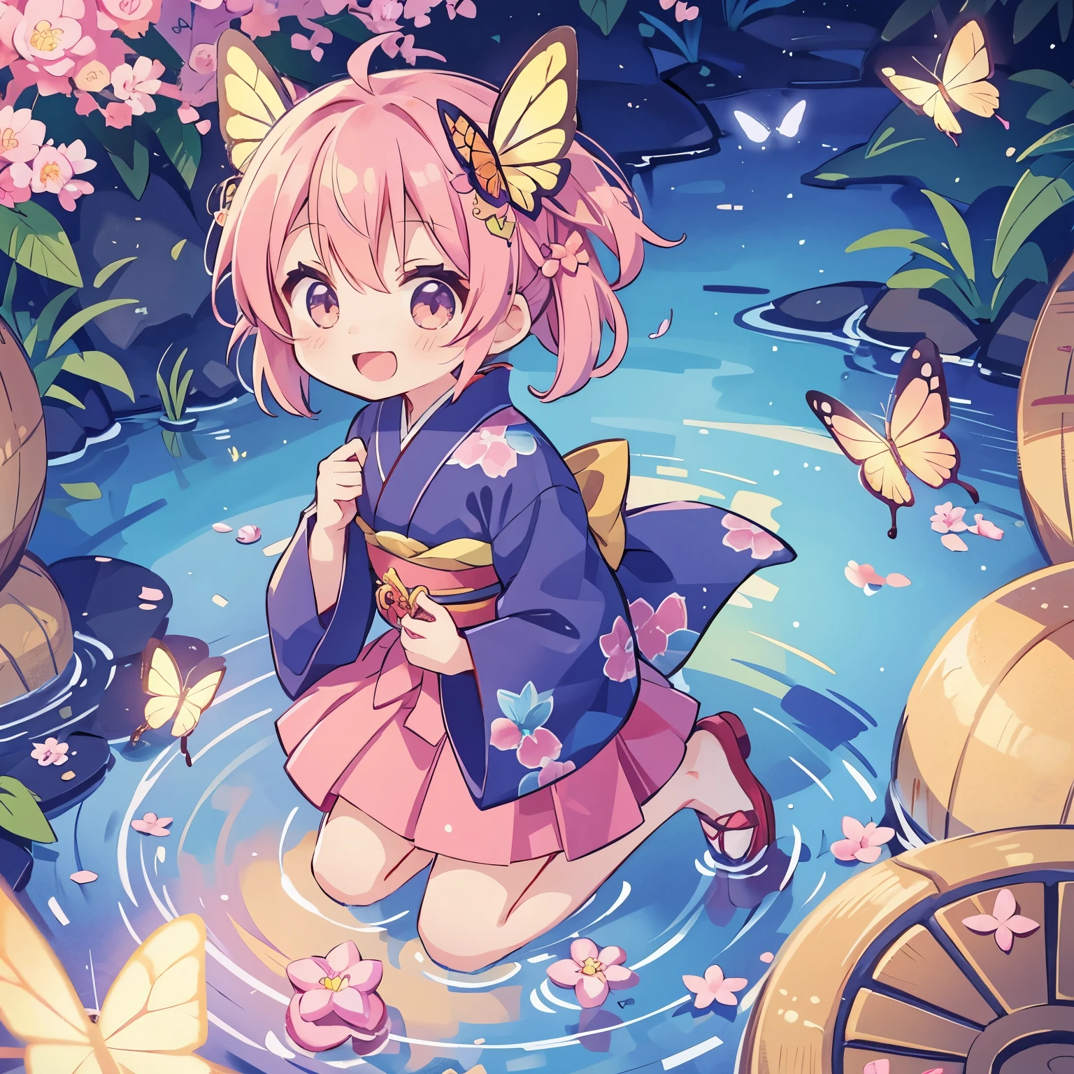 Anime characters in Japan(chibi girl、smile、kimono、butterfly hair ornament)There is a manhole cover with a、colorful