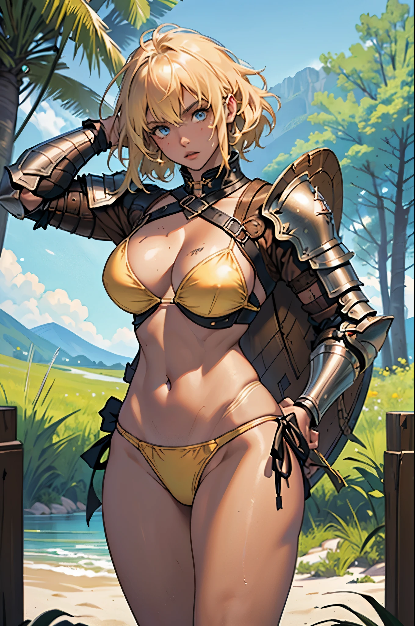 Masterpiece, Hyper Quality, Hyper Detail, Perfect Drawing, CG, 3D, 8k, Illustration, Beautiful Face Girl, Adventurer, Fantasy, Warrior, ((((Bikini Armor))), Brown Skin, Tan Marks (1.5)), Oversized Sword: (200cm), Shoulder Armor, 98Gcup Bust, Blonde Blue Eyes, Wilderness, Valley, Battlefield,
