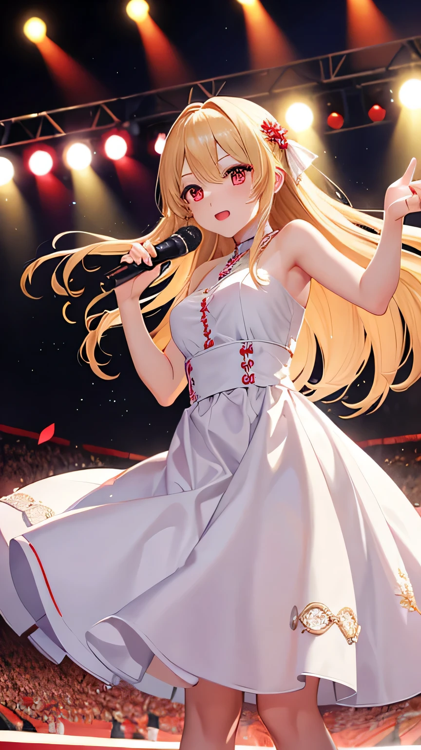 blonde, Red-eyed beauty、sing on a large live stage、pure white dress、flashy stage