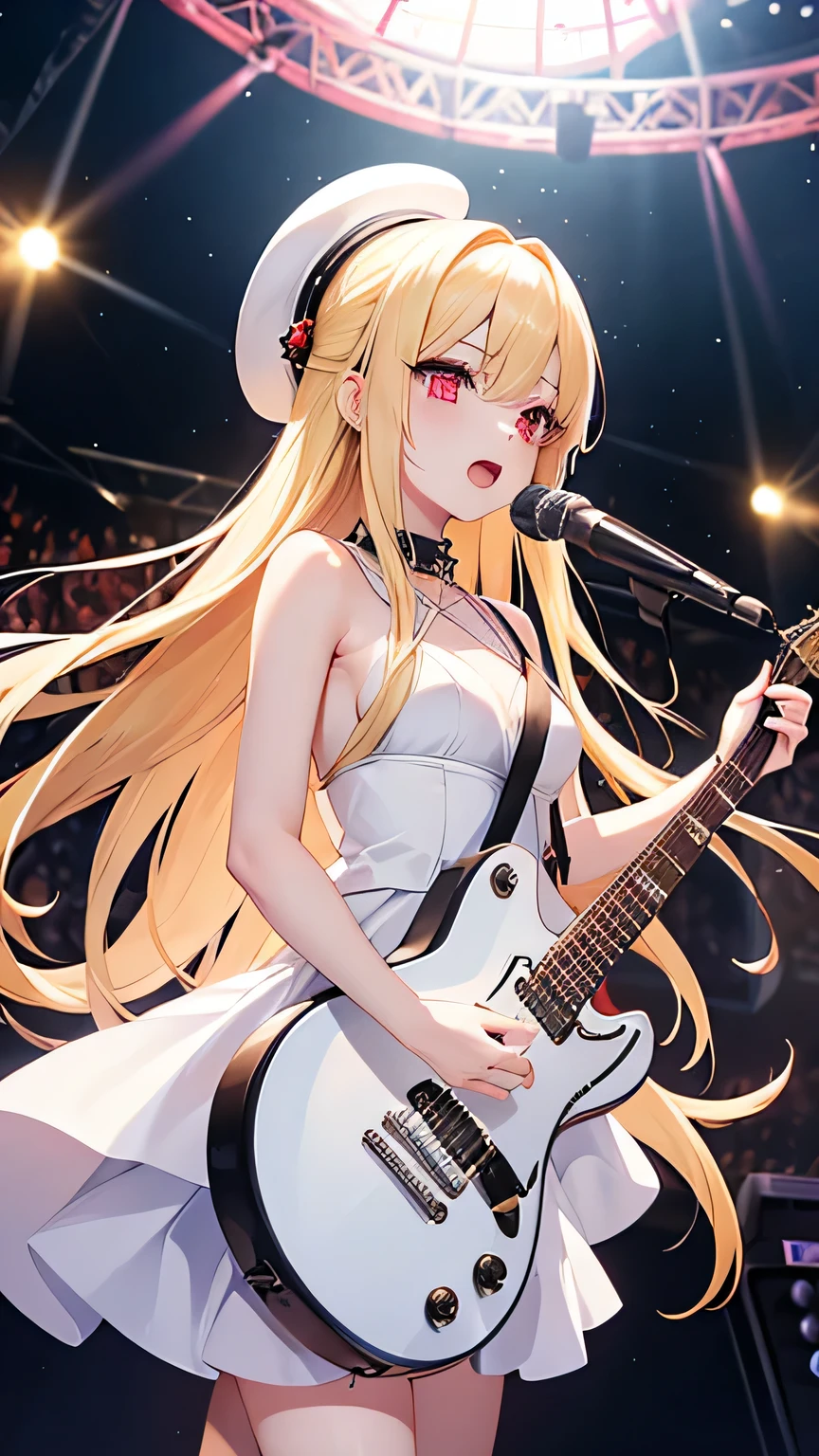 Beautiful blonde woman with red eyes and long hair、Sing like a punk while playing an electric guitar on a large dome stage、pure white prom dress、anime style、delicate touch、flashily