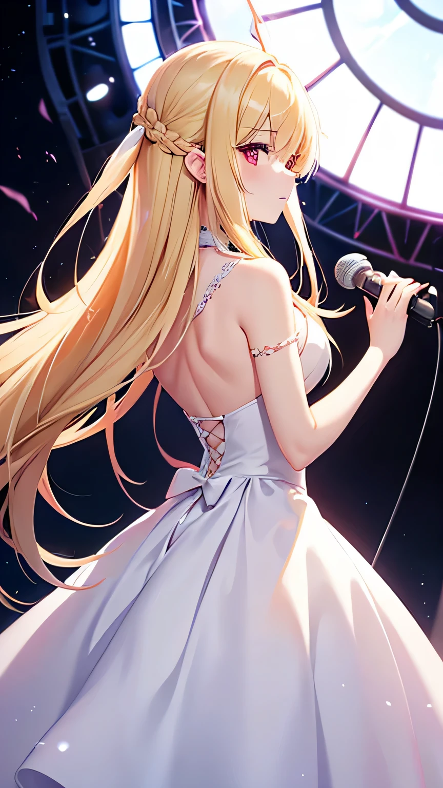 Beautiful blonde woman with red eyes and long hair、Singing like a punk while playing an electric guitar on a large dome stage、pure white prom dress、anime style、delicate touch、flashily、Rear view