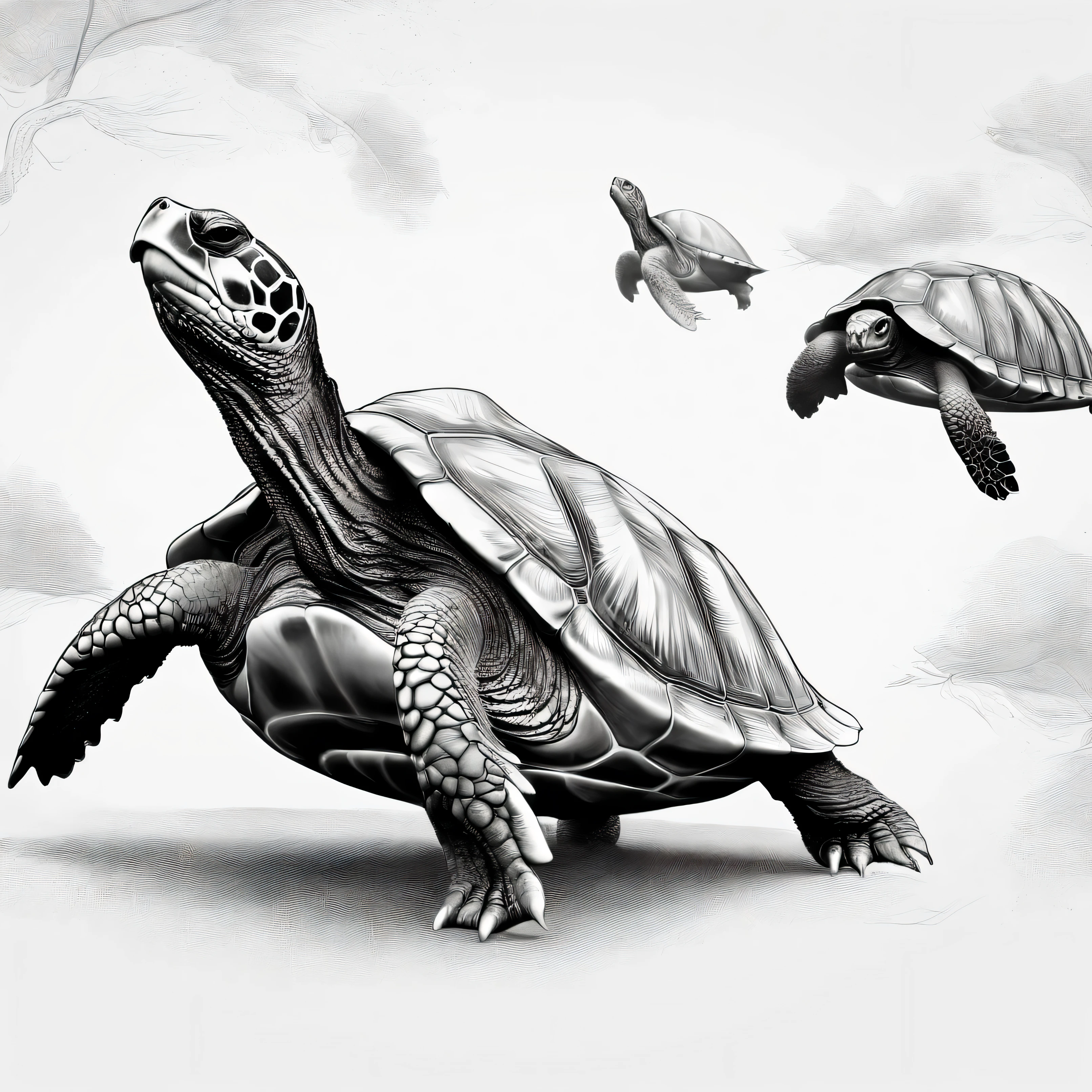 turtle walking on white background, masterpiece, drawing, sketch style, monochrome scheme, minimalist drawing, paleocore, hyper-realistic, poetic intimacy