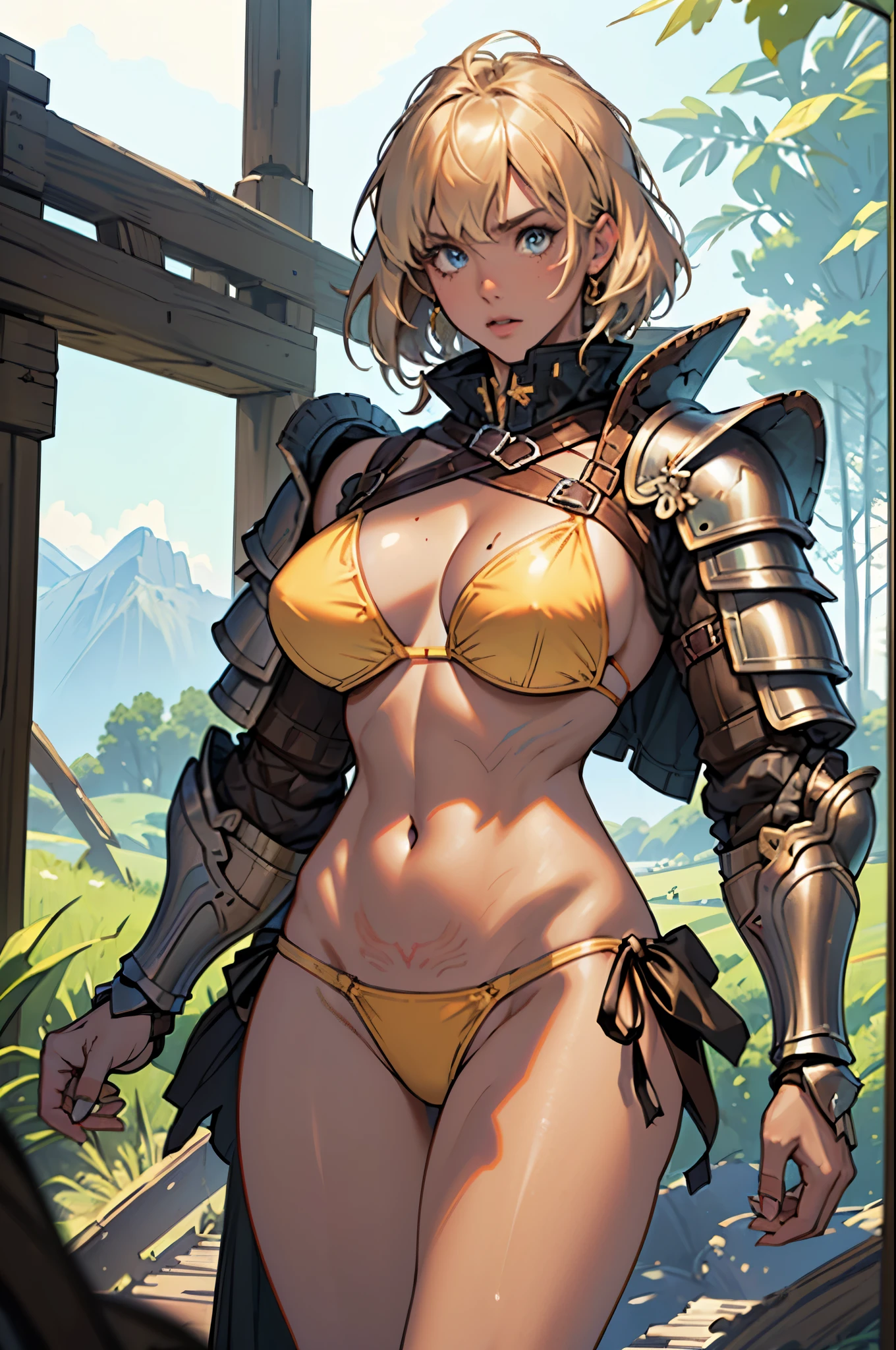 Masterpiece, Hyper Quality, Hyper Detail, Perfect Drawing, CG, 3D, 8k, Illustration, Beautiful Face Girl, Adventurer, Fantasy, Warrior, ((((Bikini Armor))), Brown Skin, Tan Marks (1.5)), Oversized Sword: (200cm), Shoulder Armor, 98Gcup Bust, Blonde Blue Eyes, Wilderness, Valley, Battlefield,