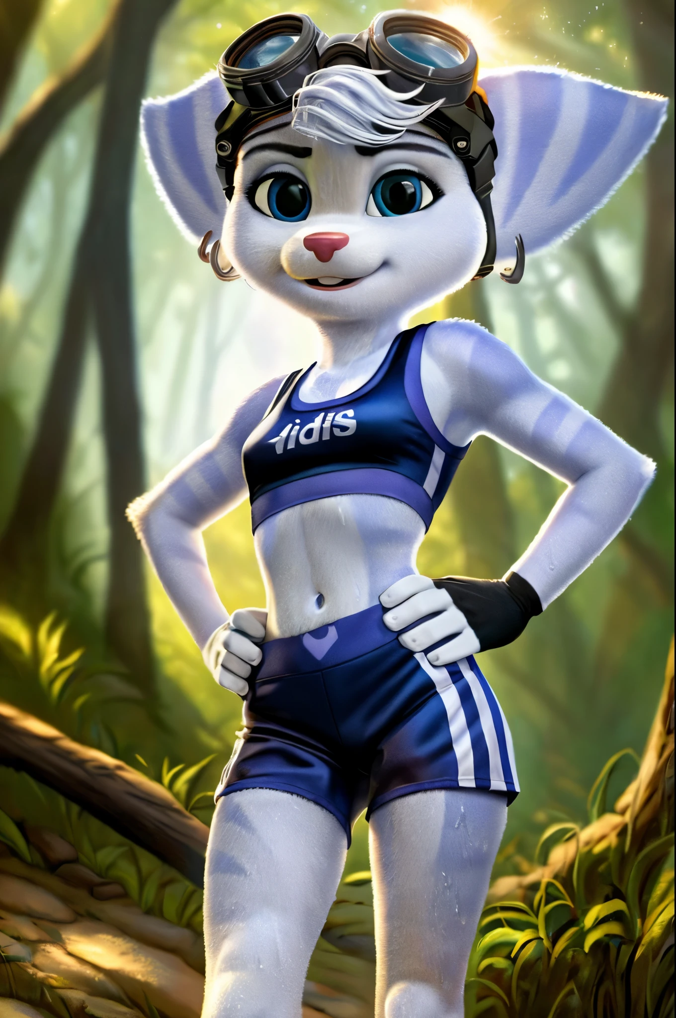 Rivet, furry girl, young,adidas nylon gym shorts, adidas nylon sports bra , adidas sports shoues, forest trail, morning sun, detailed body fur, detailed body, detailed eyes, detailed face, wet fur, skinny, high quality, masterpiece, small breasts, goggles, :D, looking at you, full body,