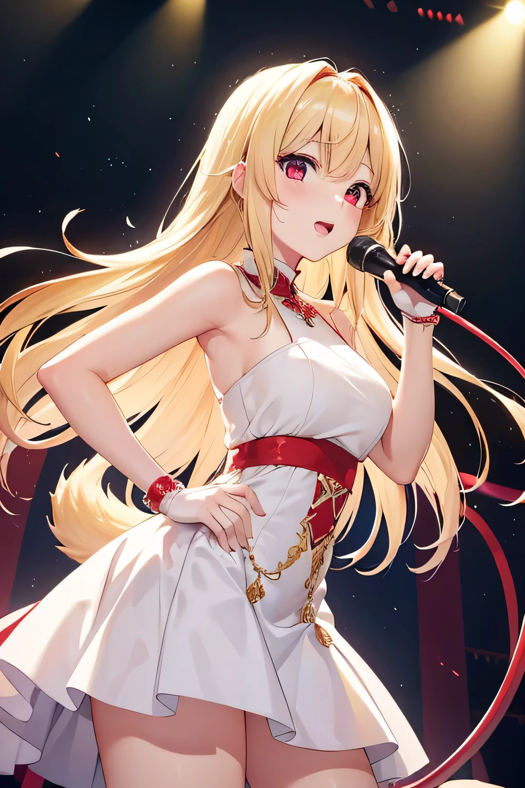 Beautiful blonde with side tail hair and red eyes.、sing on a large live stage、pure white dress、flashy stage