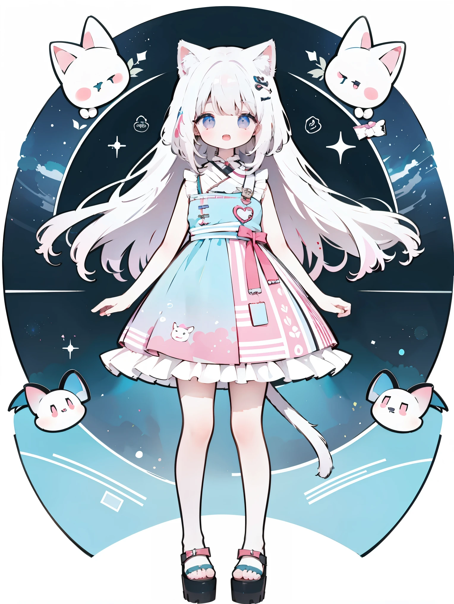 anime full body visual illustration,best quality, expressive eyes, perfect face, cute , 1girl, looking at front viewer, arms at sides, concert art, no background, streaked hair, white hair, , full body, cat ears, pink sclera, three sided view, smile open mouth, no tail, marshmellow blue and white dress, virtual youtuber, standing pose
