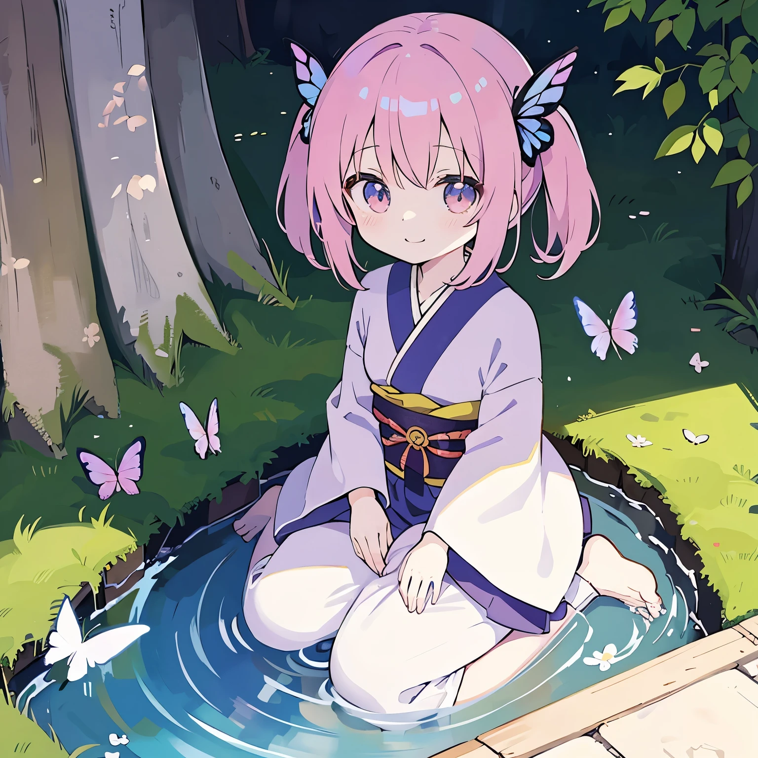 Anime characters in Japan(chibi girl、smile、kimono、butterfly hair ornament)There is a manhole cover with a、colorful