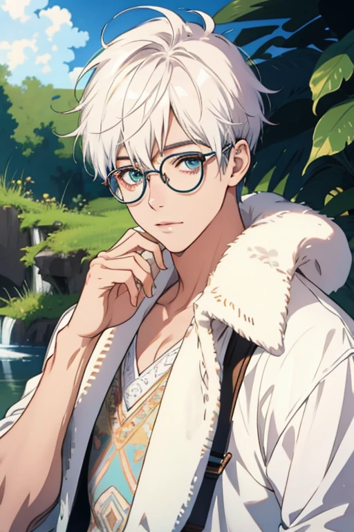 dynamic pose, cute, kawaii, pastel color, round glasses, handsome boy, white skin, shiny, shiny lips, soft colors, shiny skin, very fine lines, manageable lines, coarse shading, line art, rough, dirty, perfect eyes, grainy realism, dirt, bright eyes, anime style, intricate details, complex, oil on canvas, masterpiece, expert, wildly detailed, 4k resolution, sunbeams