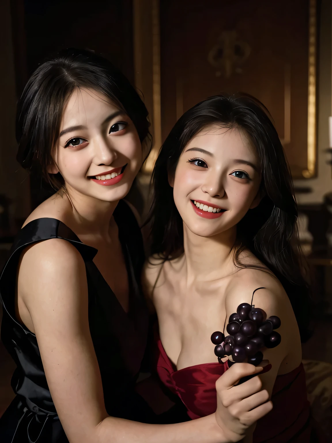 fruits,Grapes,Rosa,antique,A smile,,Sweet and seductive appearance.、Caravaggio's paintings、Chiaroscuro of Caravaggio,Two women frolicking,Cute smile, Expression of ecstasy