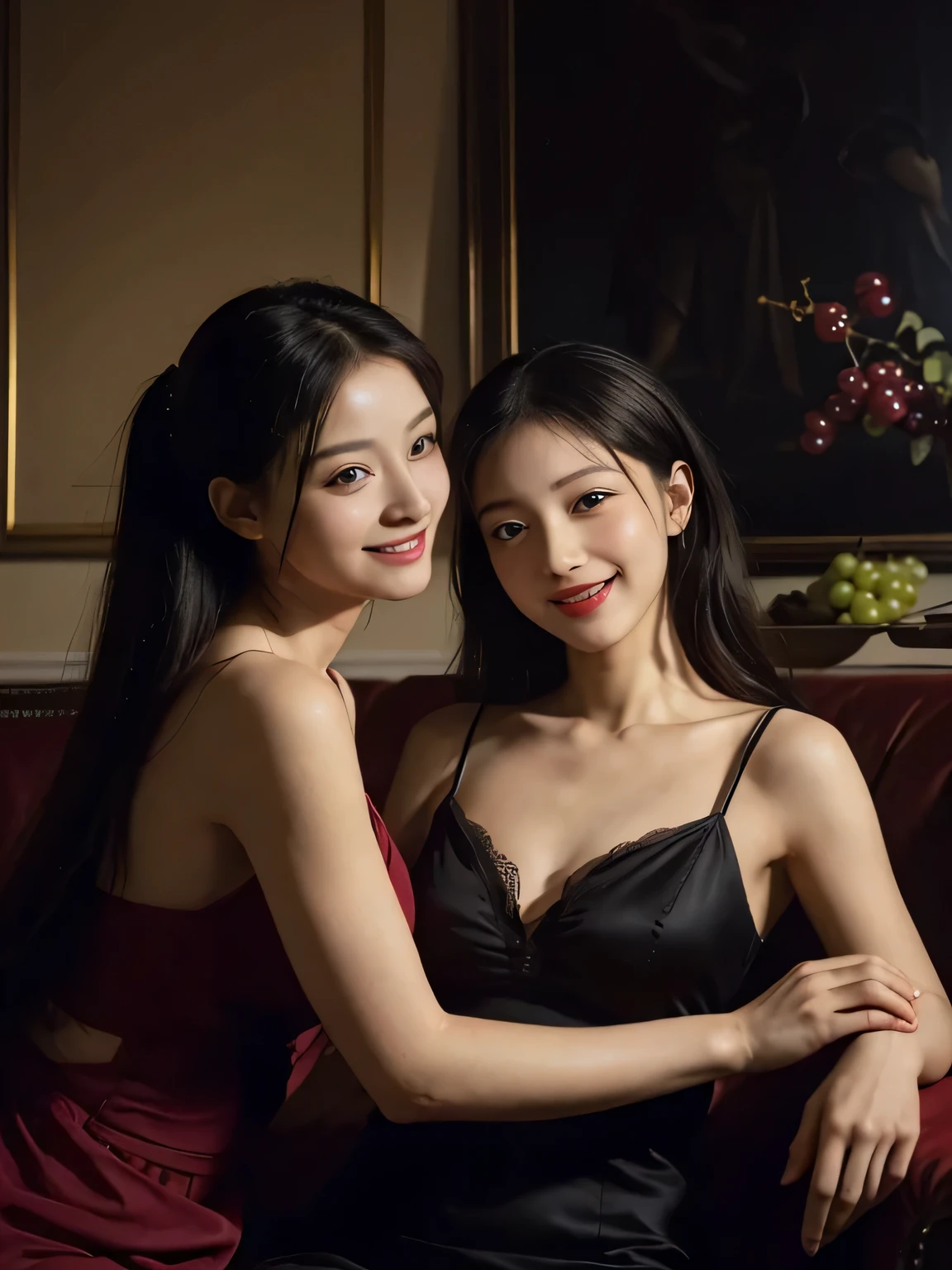 fruits,Grapes,Rosa,antique,A smile,,Sweet and seductive appearance.、Caravaggio's paintings、Chiaroscuro of Caravaggio,Two women frolicking,Cute smile, Expression of ecstasy