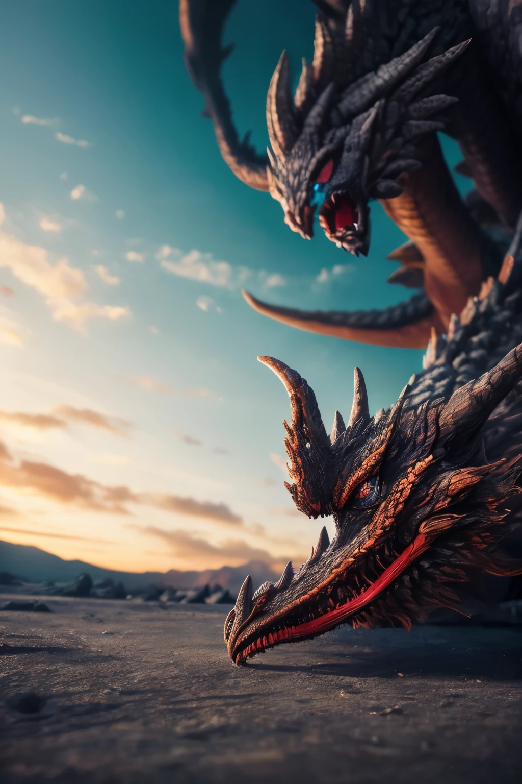 ((masterpiece)), best quality, high quality, ((extremely detailed CG unity 8k wallpaper)),(fantasy), A place like black magic world, dark-ish color, castles, tremendous dragons fly in the sky, huge dragons, dragons shooting lots of fire balls, ruining the ground, magic movie style, harry potter movie style, viewing on higher mountain, Mono Lake, 3D Digital Paintings,award winning photography, Bokeh, Depth of Field, HDR, bloom, Chromatic Aberration ,Photorealistic,extremely detailed, trending on artstation, trending on CGsociety, Intricate, High Detail, dramatic, art by midjourney