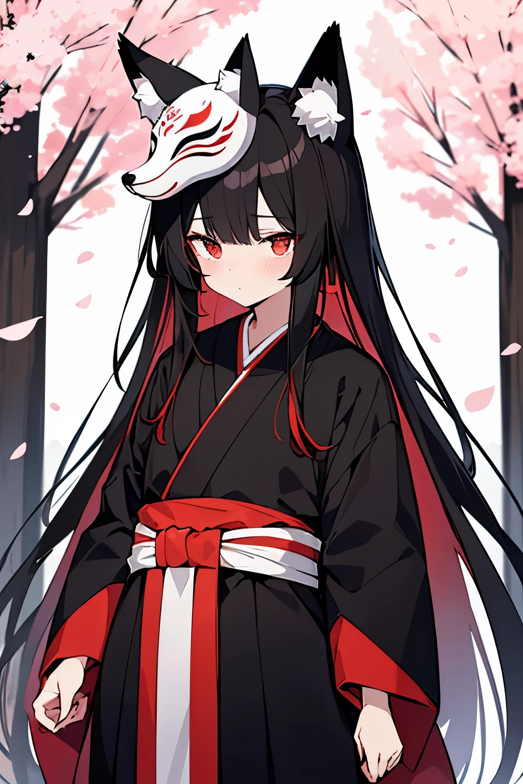 black hair、M-shaped bang、Intake Hair、long hair、red eyes、fox ears、He wears a Japanese-style fox mask on his head.、Black kimono with cherry blossom pattern、shy face、He has a Japanese sword around his waist.、Japanese style fox face paint、red band、Standing picture generation、facing forward