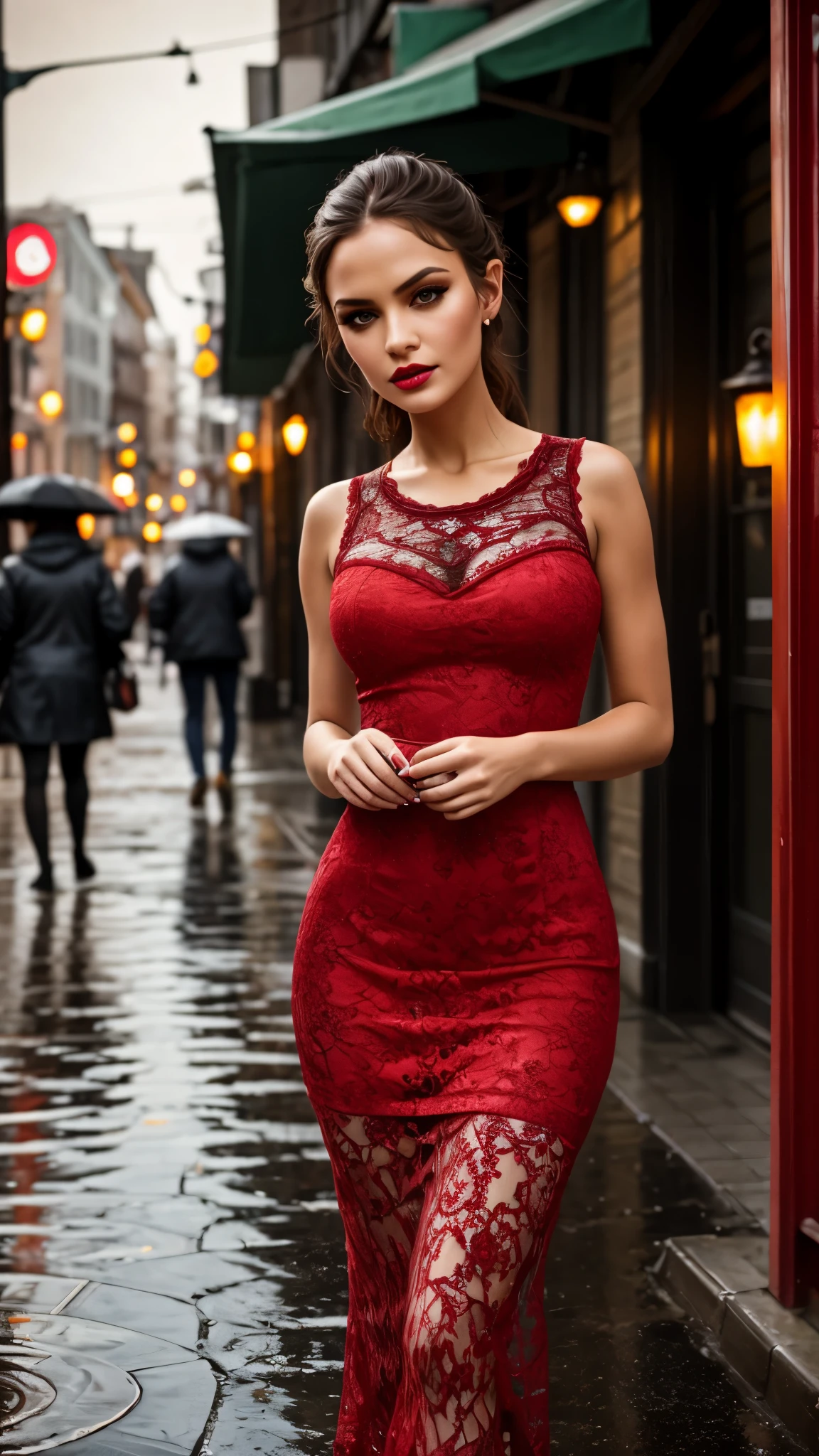 (best quality,8k,lace maxi dress,standing in the rain,red light district,highly detailed face and skin texture,detailed eyes,double eyelids),portrait,gloomy atmosphere,soft focus,warm color tones,subtle backlighting,dewdrops on lashes,urban landscape,reflection on wet pavement,moody aesthetic.